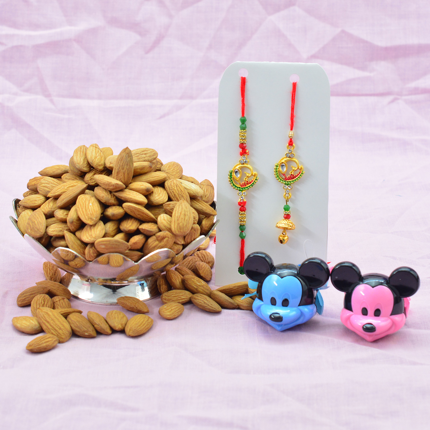 Bhaiya Bhabhi Rakhi Set with Mickey Mouse Kids Rakhi and Tasty Healthy Almonds or Badam