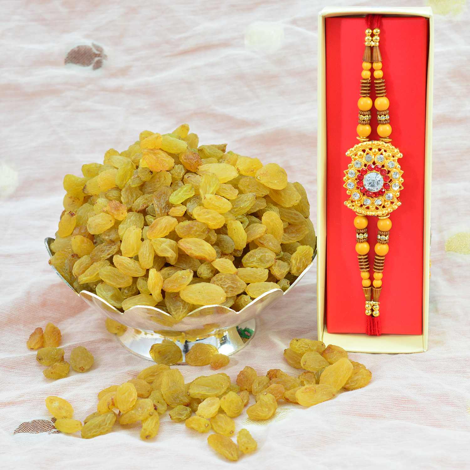 Rakhi with Dry Fruit - Golden Brother Rakhi with Kishmish Dry Fruit