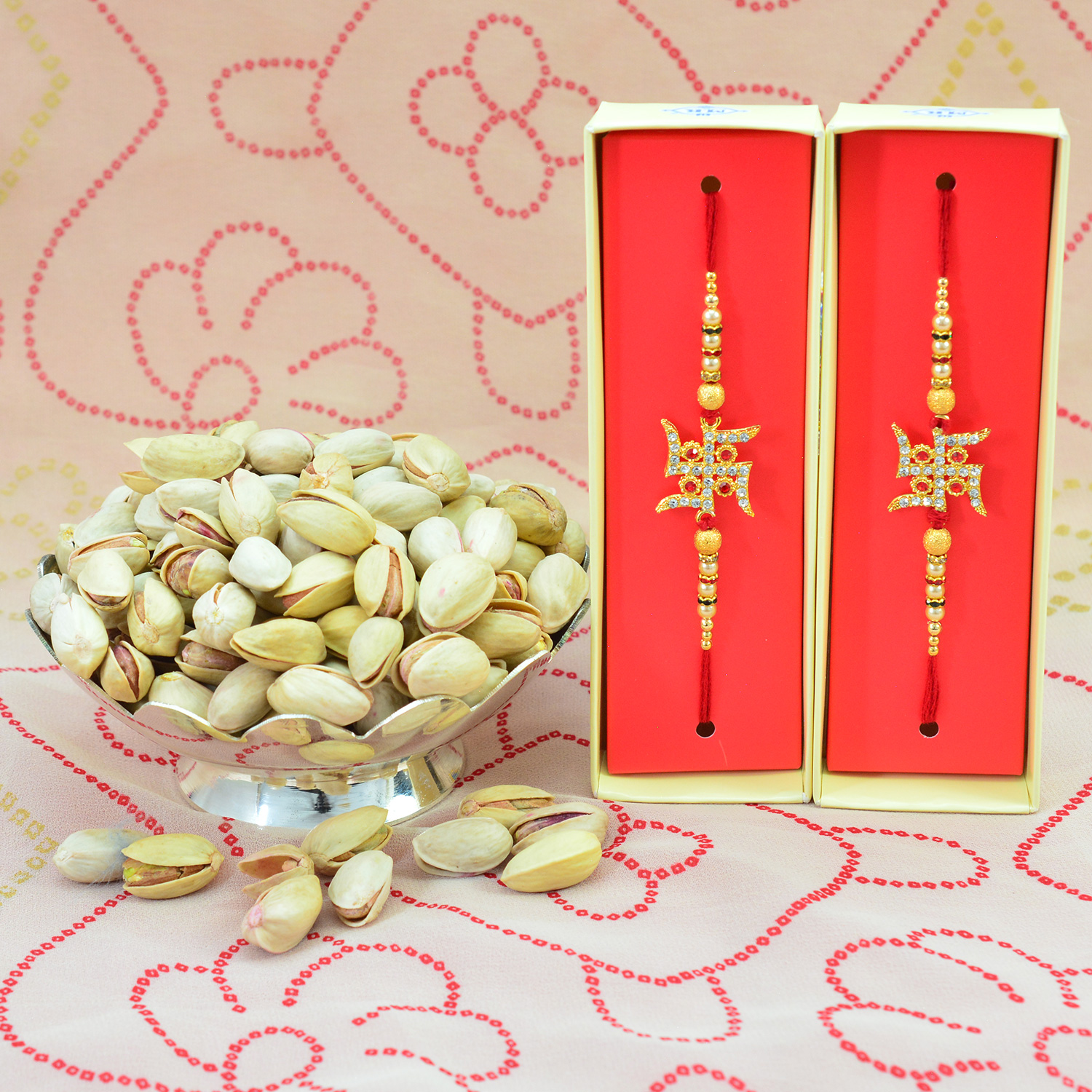Amazing Design Swastika Rakhis with Dry Fruits of Healthy Pista or Pistachios