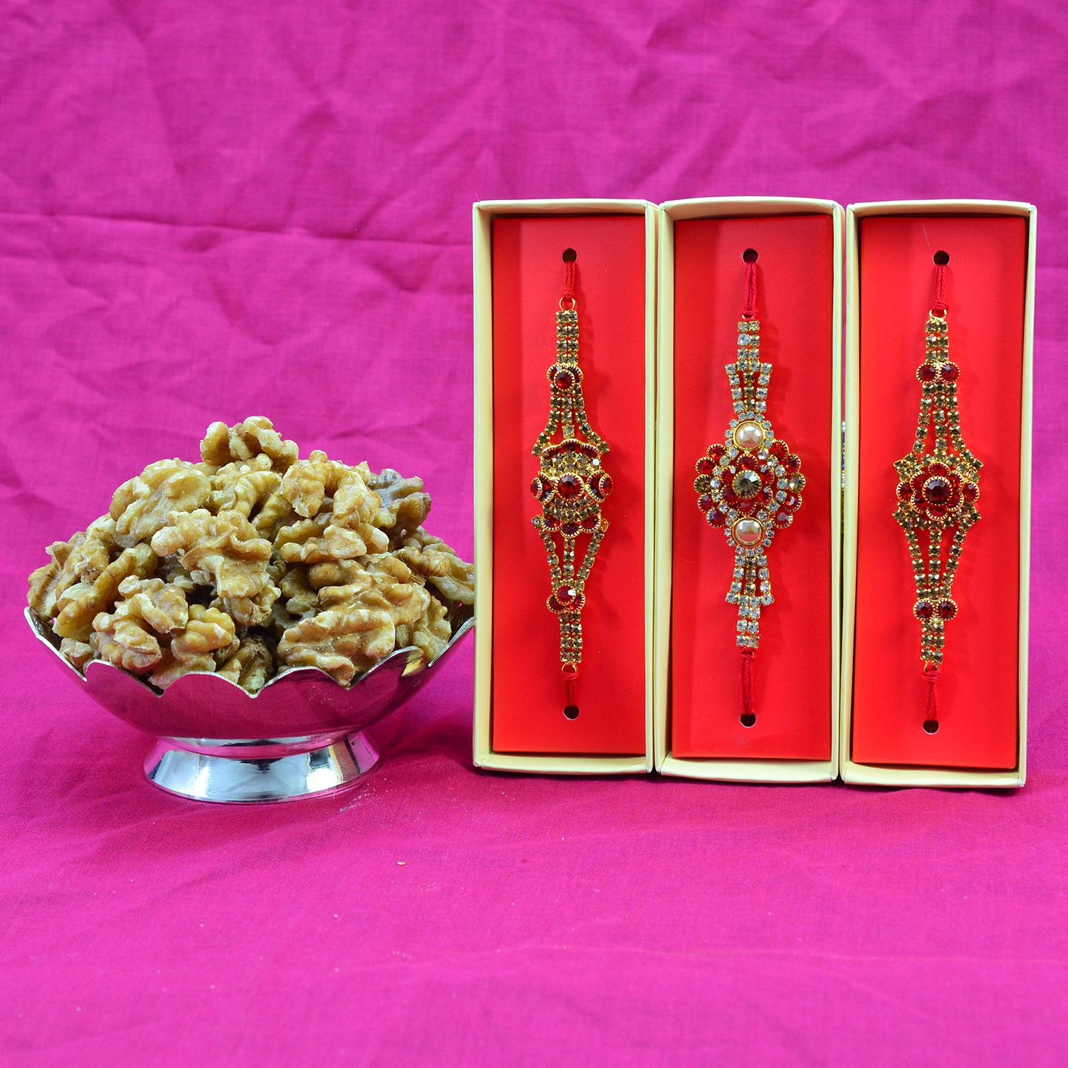 3 Amazing Looking Red and Transparent Jewel Rakhis for Brother with Dry Fruits of Walnuts or Akhrot