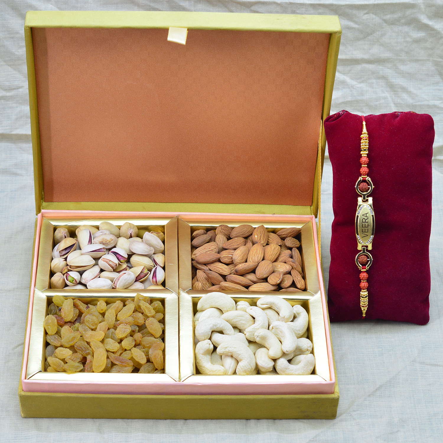 Veera Written Golden Brother Rakhi with Dry Fruits of 4 Different Types