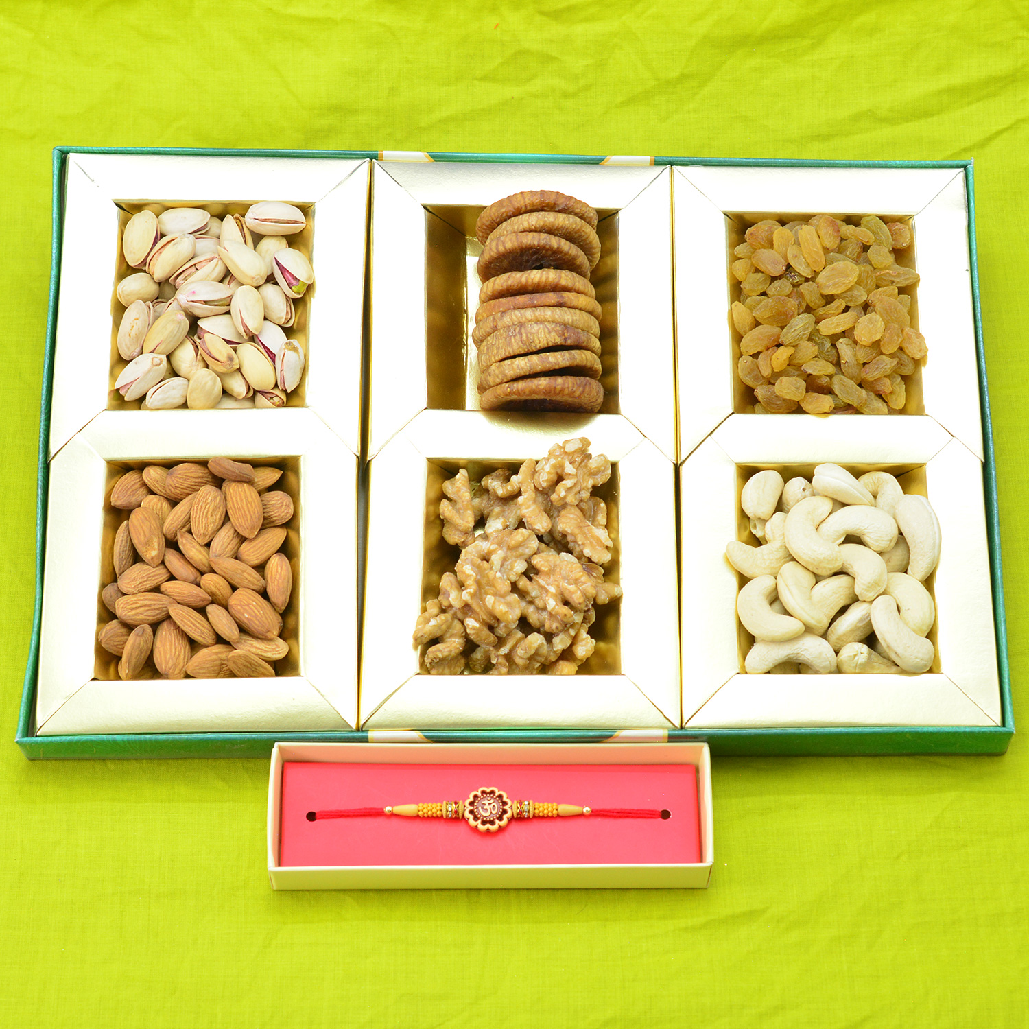 Om Divines Sandalwood Rakhi for Brother with Fresh 6 Types of Dry Fruits