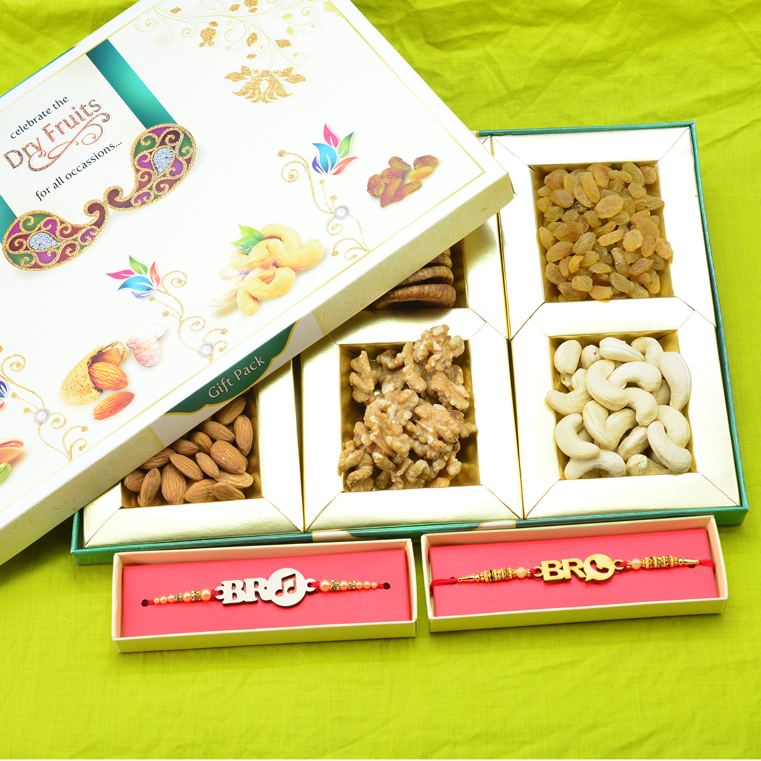 Amazing Fancy Bro Written Brother Rakhis with 6 Types of Quality dry fruits