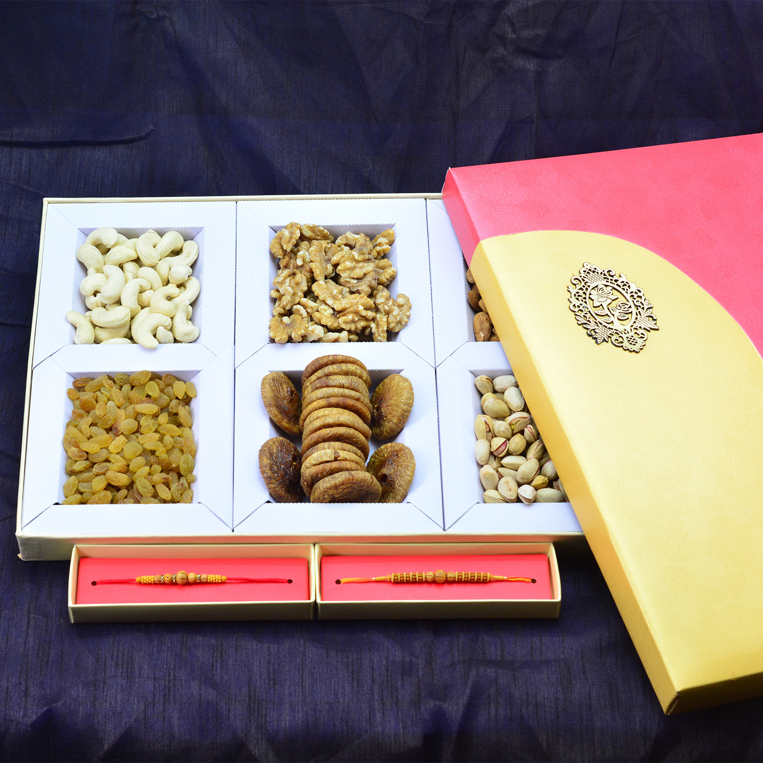 Sandalwood Rakhis for Brother along with Delicious Different Types of 6 Dry Fruits