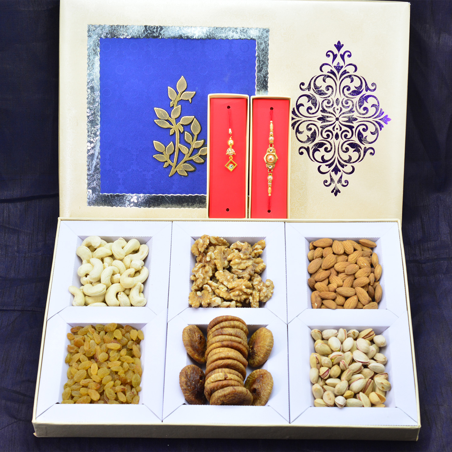 Golden Color Bhaiya Bhabhi Rakhis for with Fresh and Top Class Dry Fruits of 6 Types