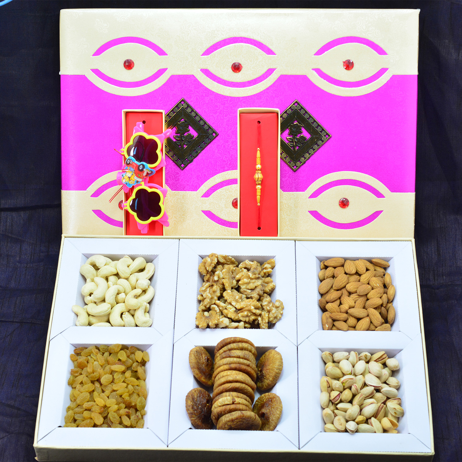Goggles Kid Rakhi with Brother Mauli Rakhi and Special Dry Fruit Pack of Six