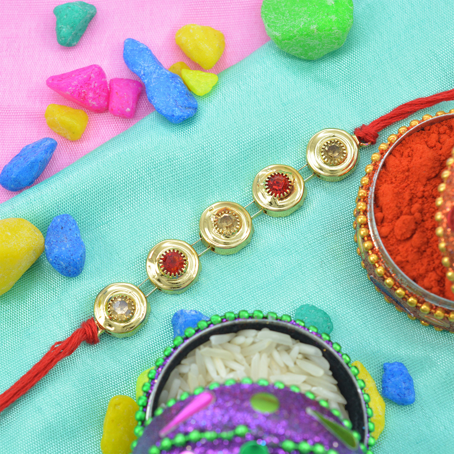 Five Amazing Jewels Red Thread Designer Rakhi 