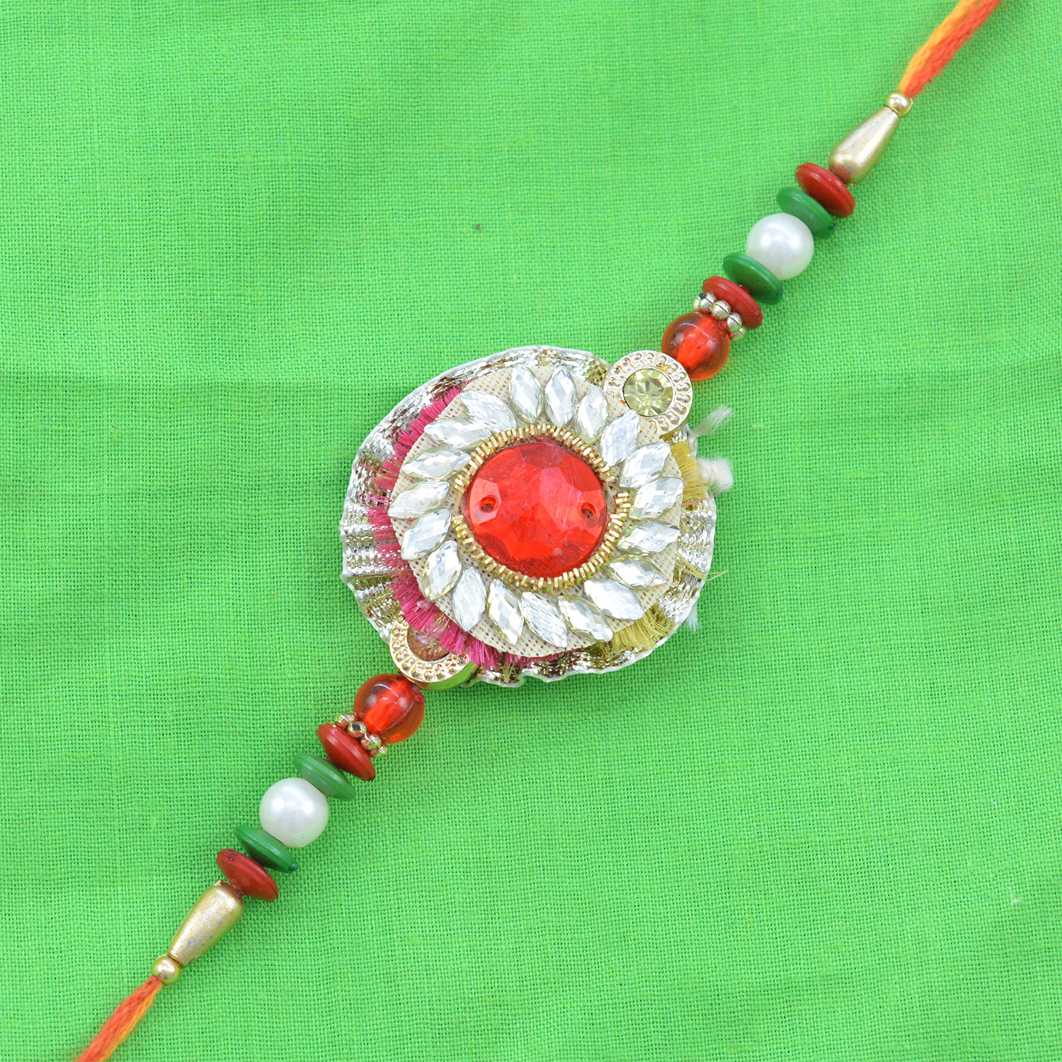 Big Red Diamond Type Beads in Middle Designer Rakhi