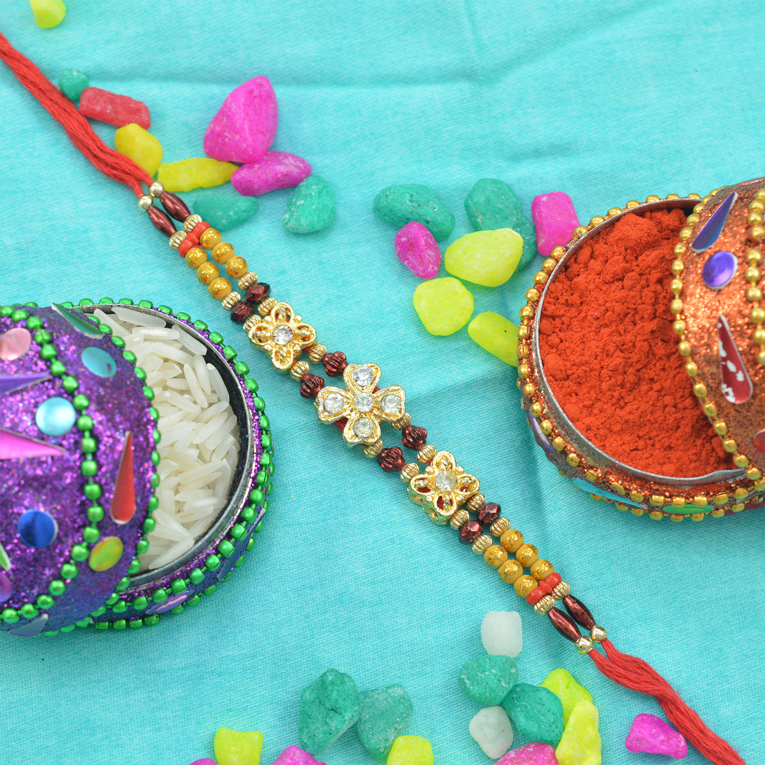 Small Golden Flower and Colorful Beads Designer Rakhi