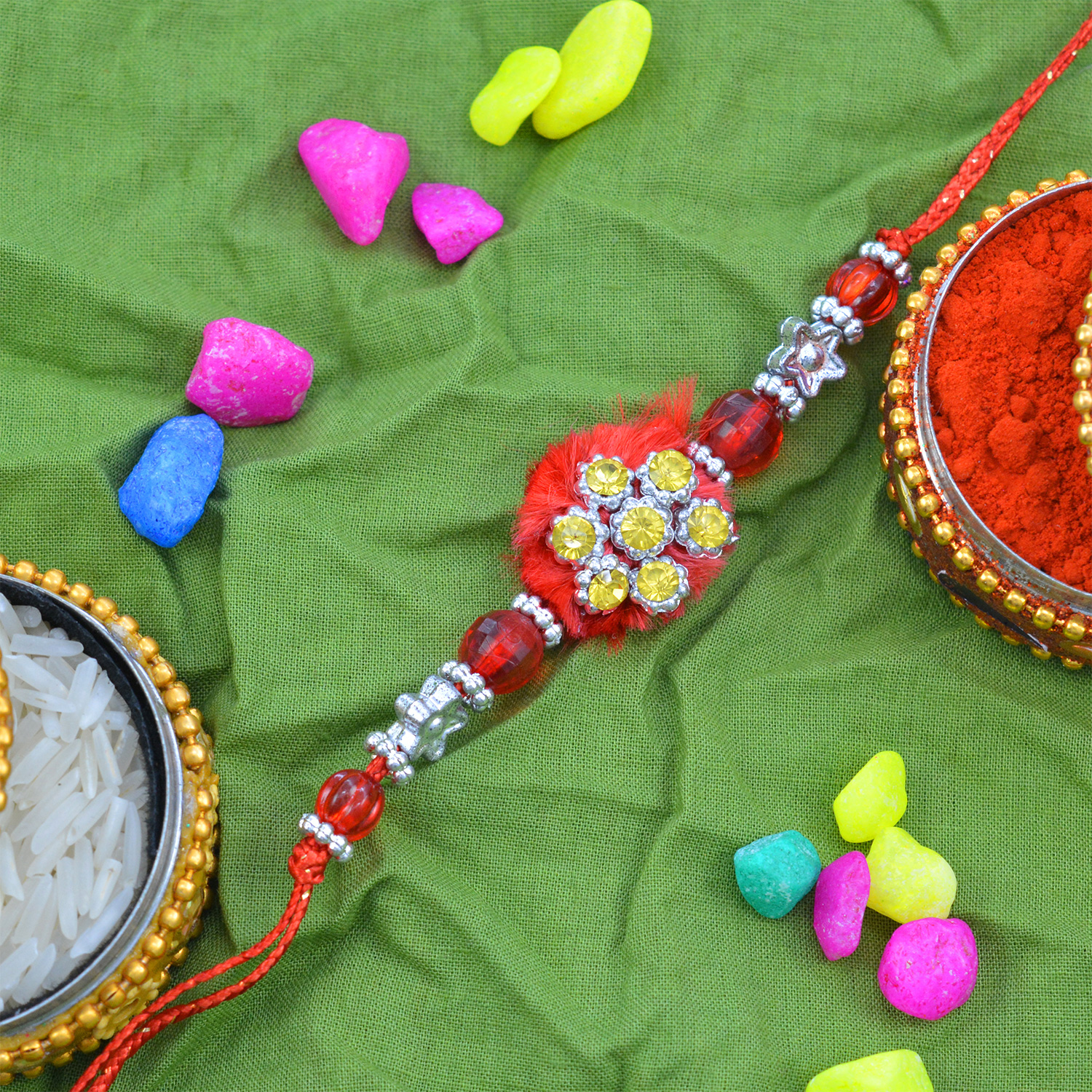 Yellow Color Jewels on Soft Red Base Elegant Fancy Rakhi