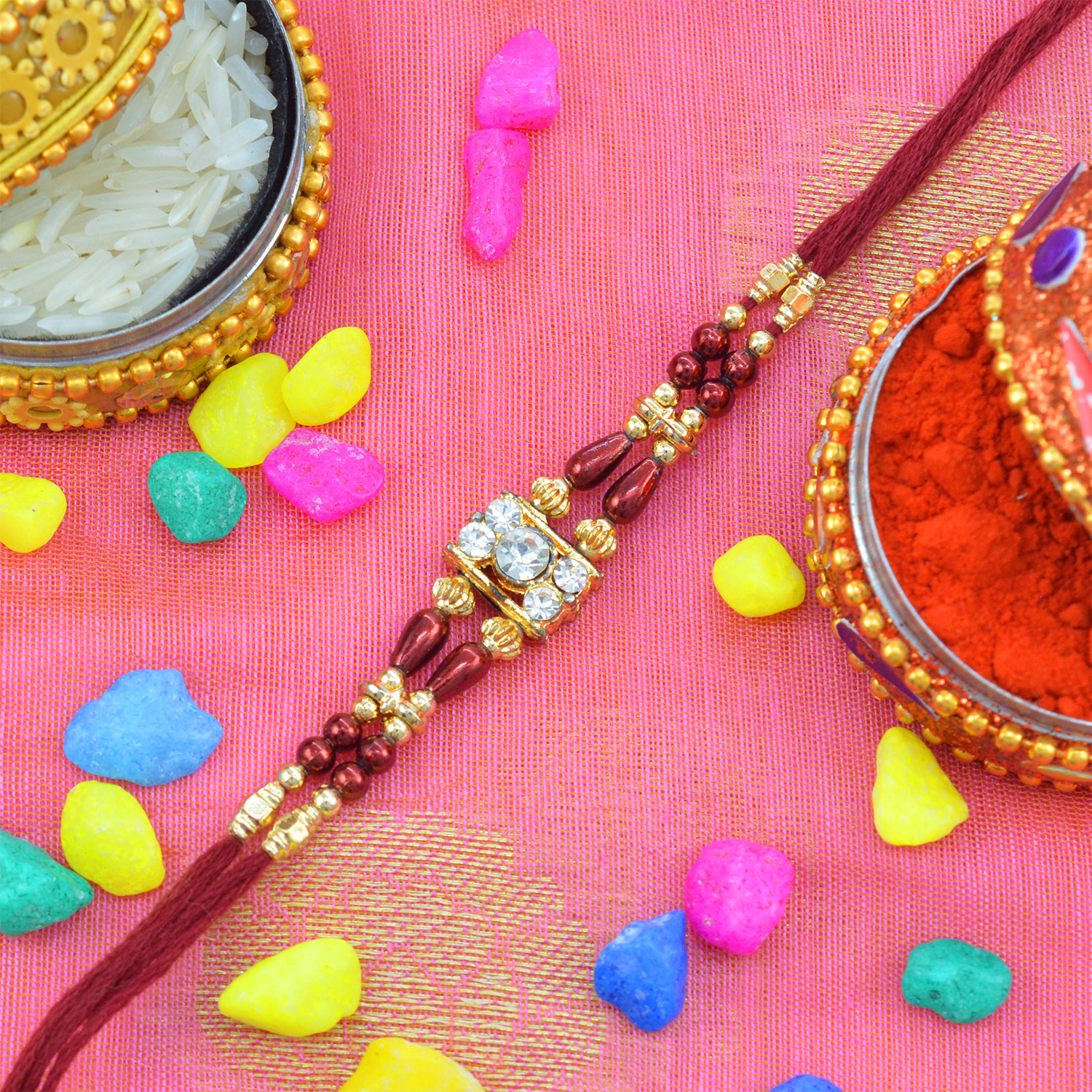  Brown Shaded Simple Looking Jewel and Beads Fancy Rakhi