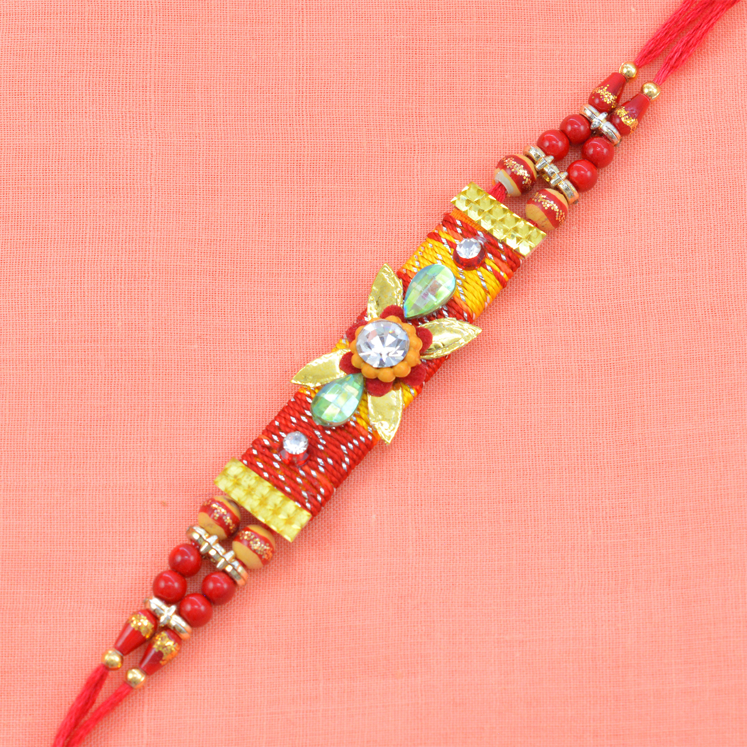 Long Straight Flower in Mid Red Shaded Designer Fancy Rakhi