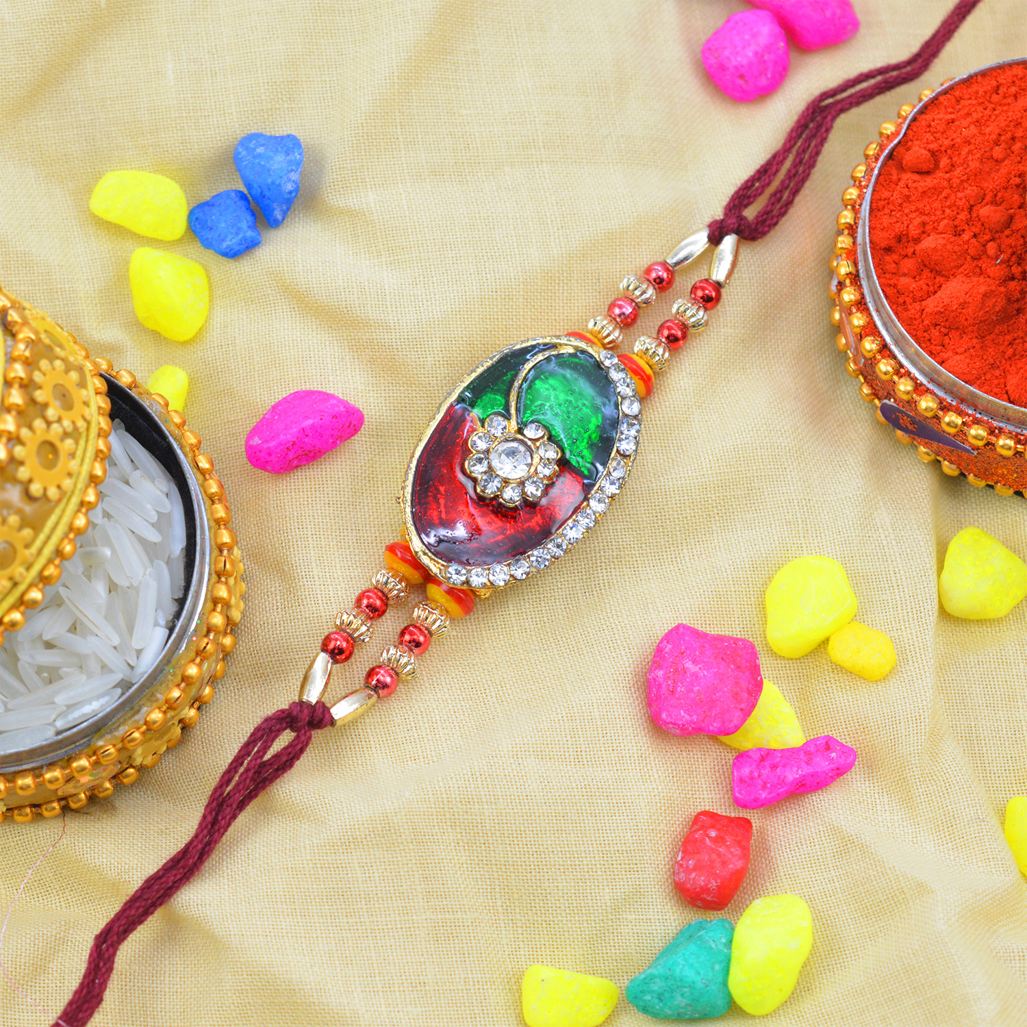 Kundan Meena Work Red and Green Shaded Jewel in Mid Amazing Fancy Rakhi