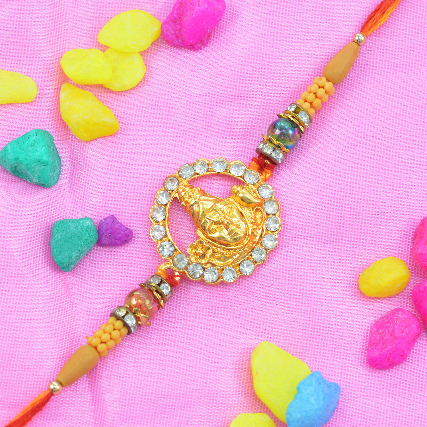 Amazing Golden Studded Diamond Jewel Rakhi with Multicolor Silk Thread