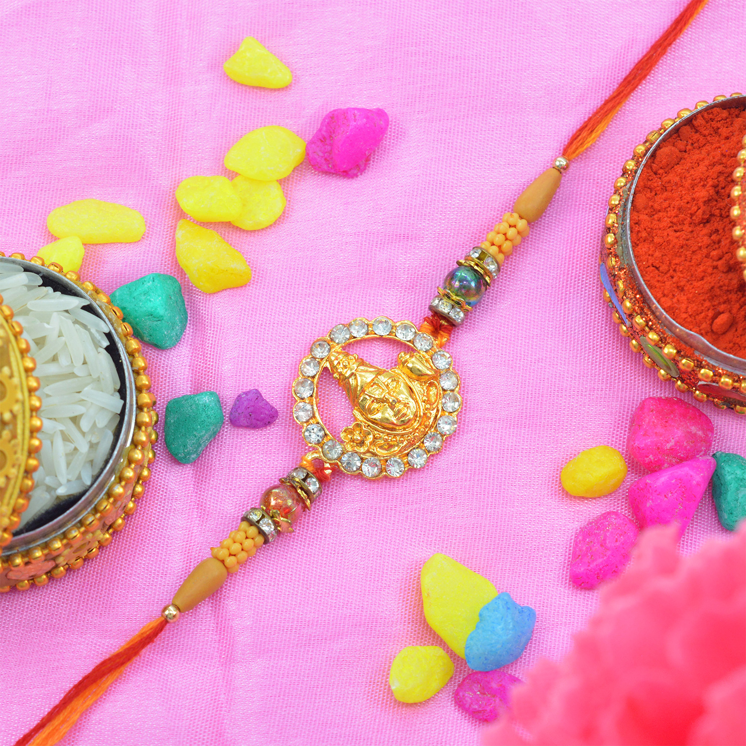 Amazing Golden Studded Diamond Jewel Rakhi with Multicolor Silk Thread
