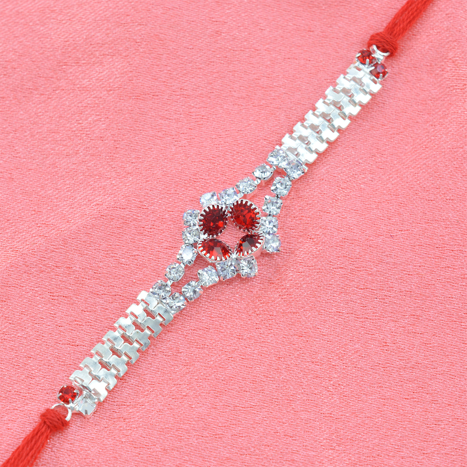 Fascinating Center Studded Red Diamonds with Shining Jewels in Silk Thread