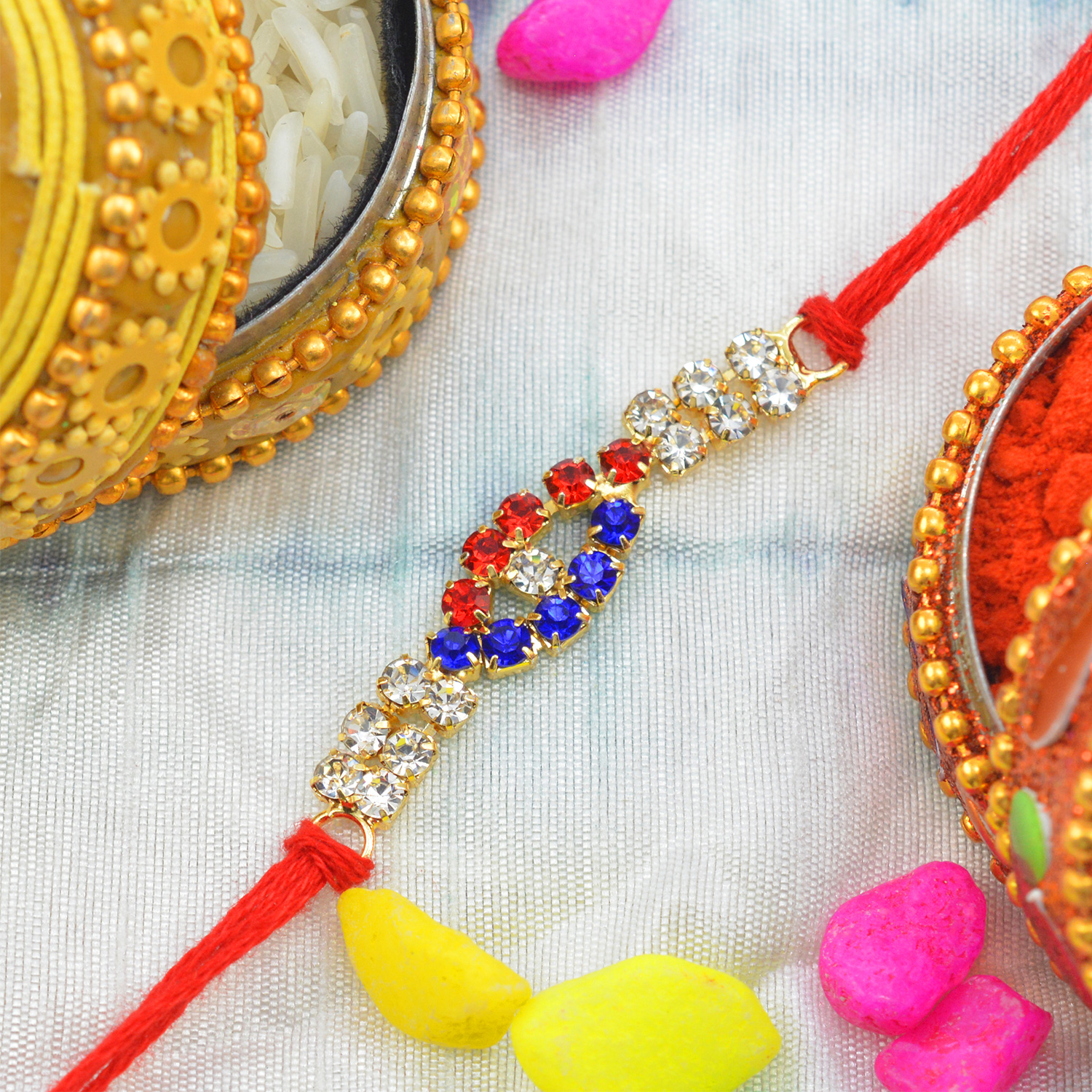 Beautiful Multicolor Oval with Rich Look Diamonds in Silk Thread