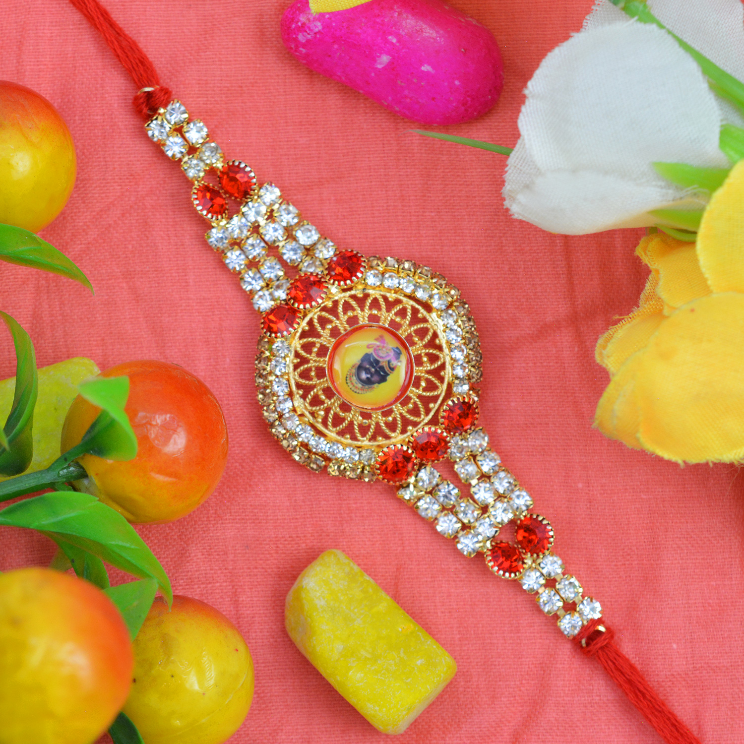 Amazing Flower Design Rakhi with Multicolor Attractive Diamonds