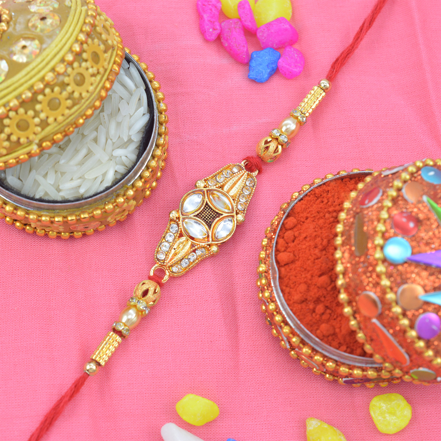 Four Kundan in the Middle with Meena work and Jewels Golden Rakhi