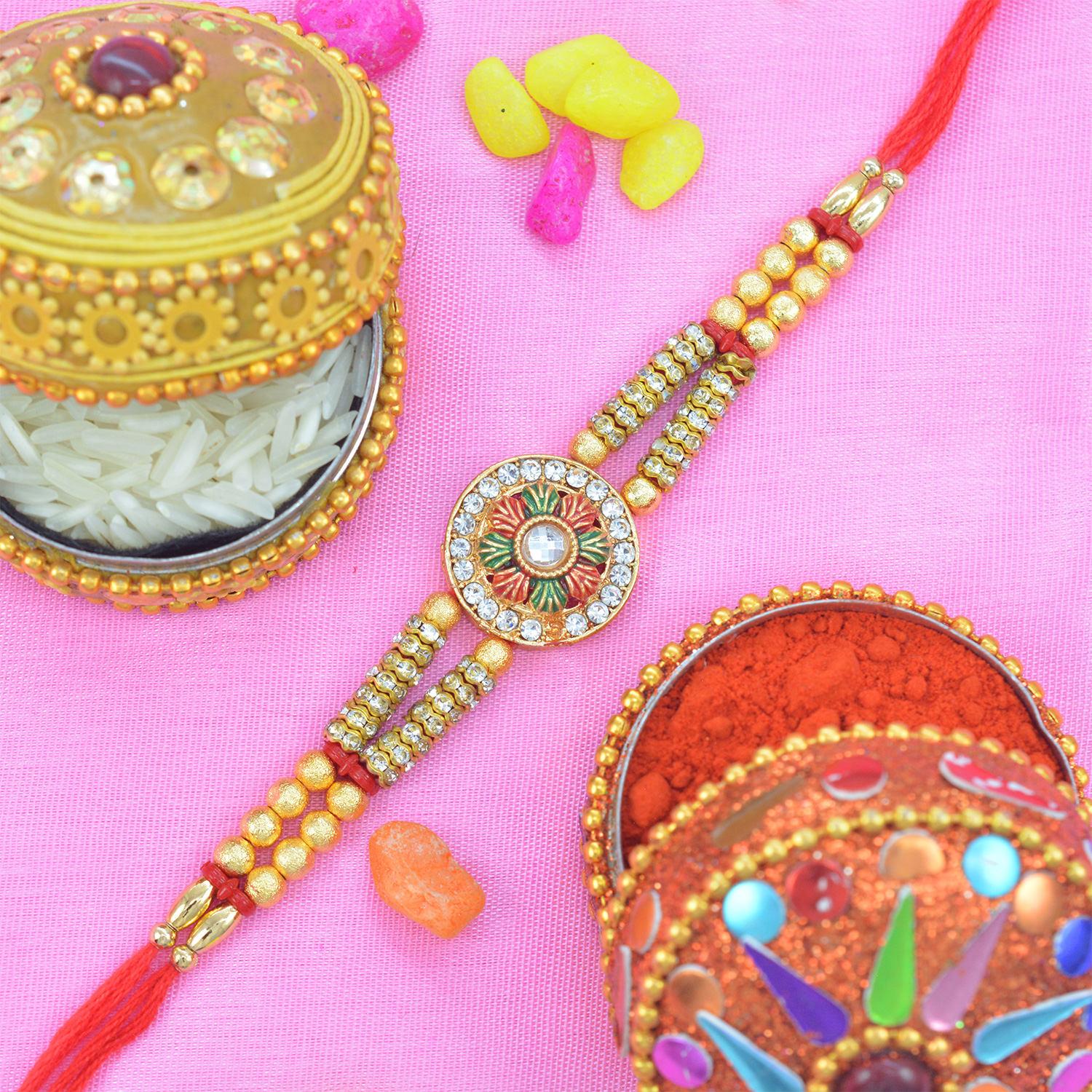 Stunning Multi threaded Coin Shaped Jewel Rakhi for Brother