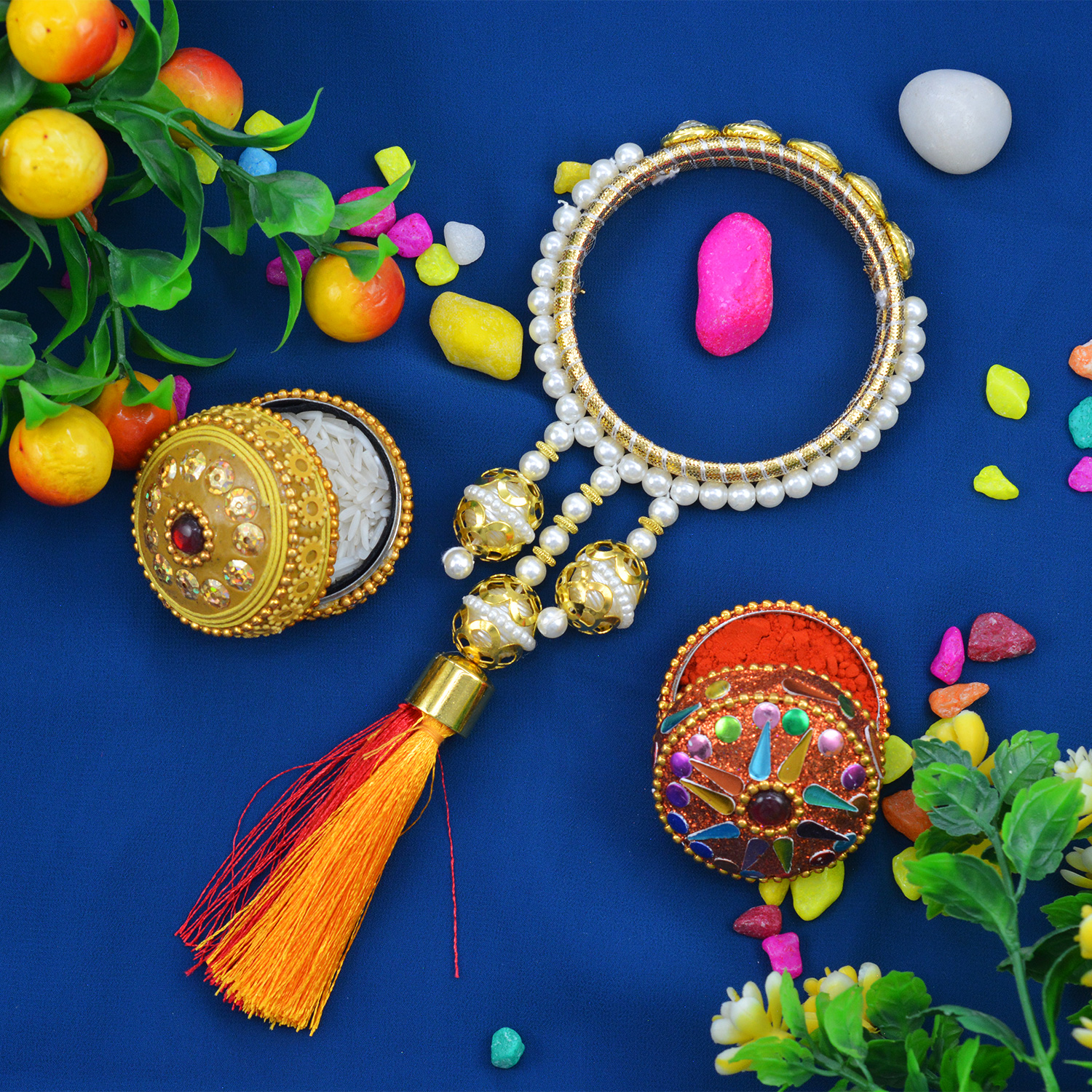 Beads Studded on Kada Round Shaped Lumba Rakhi for Bhabhi 