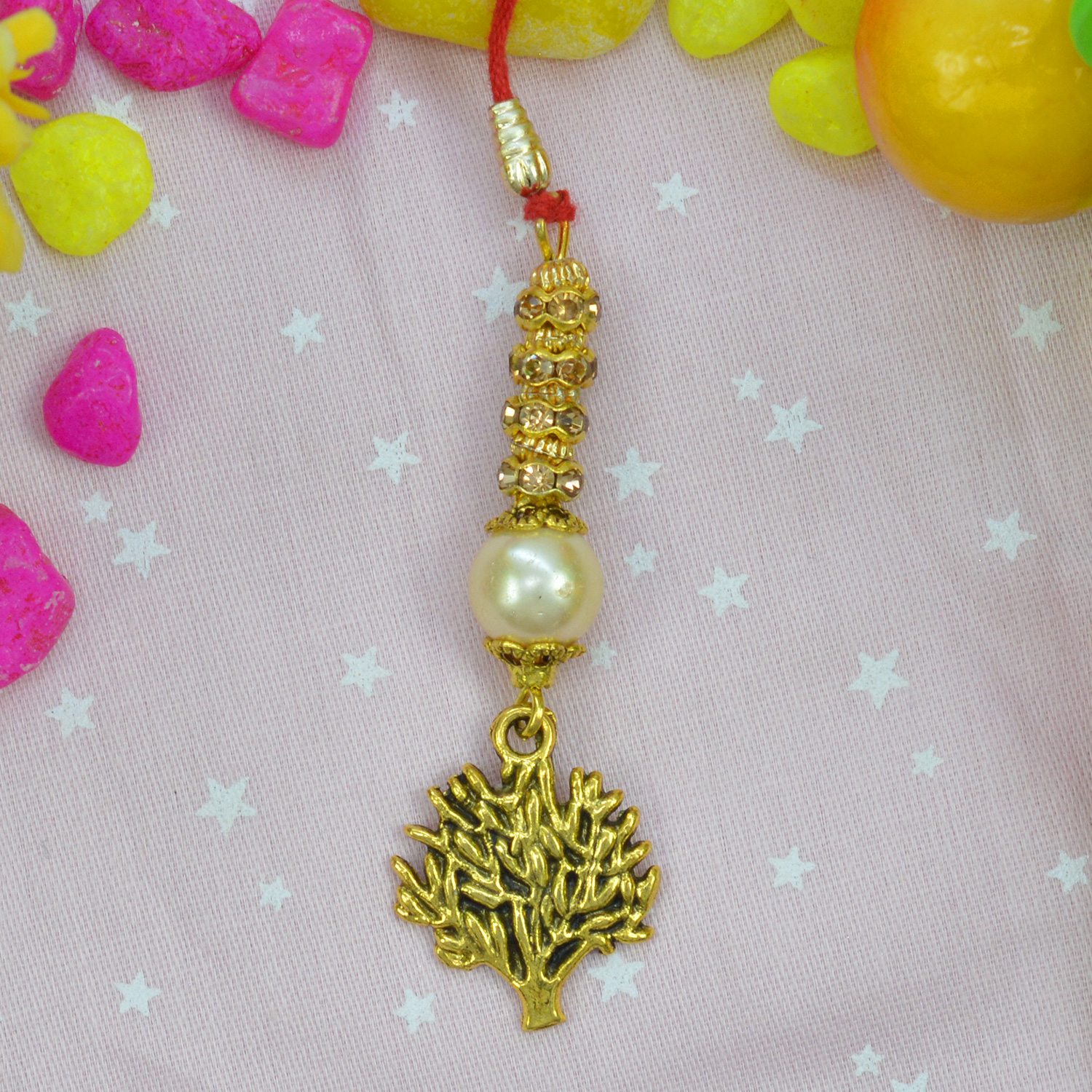 Stunning Hanging Golden Tree with Beads and Jewel Lumba Rakhi for Bhabhi