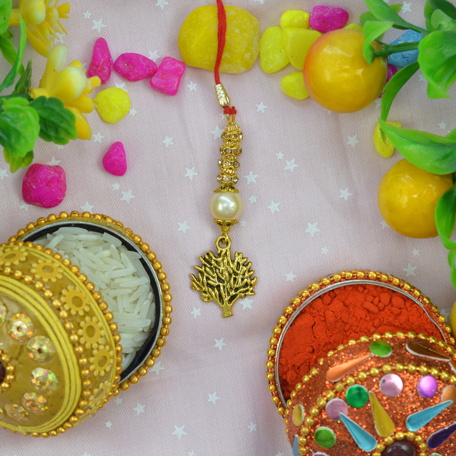 Stunning Hanging Golden Tree with Beads and Jewel Lumba Rakhi for Bhabhi