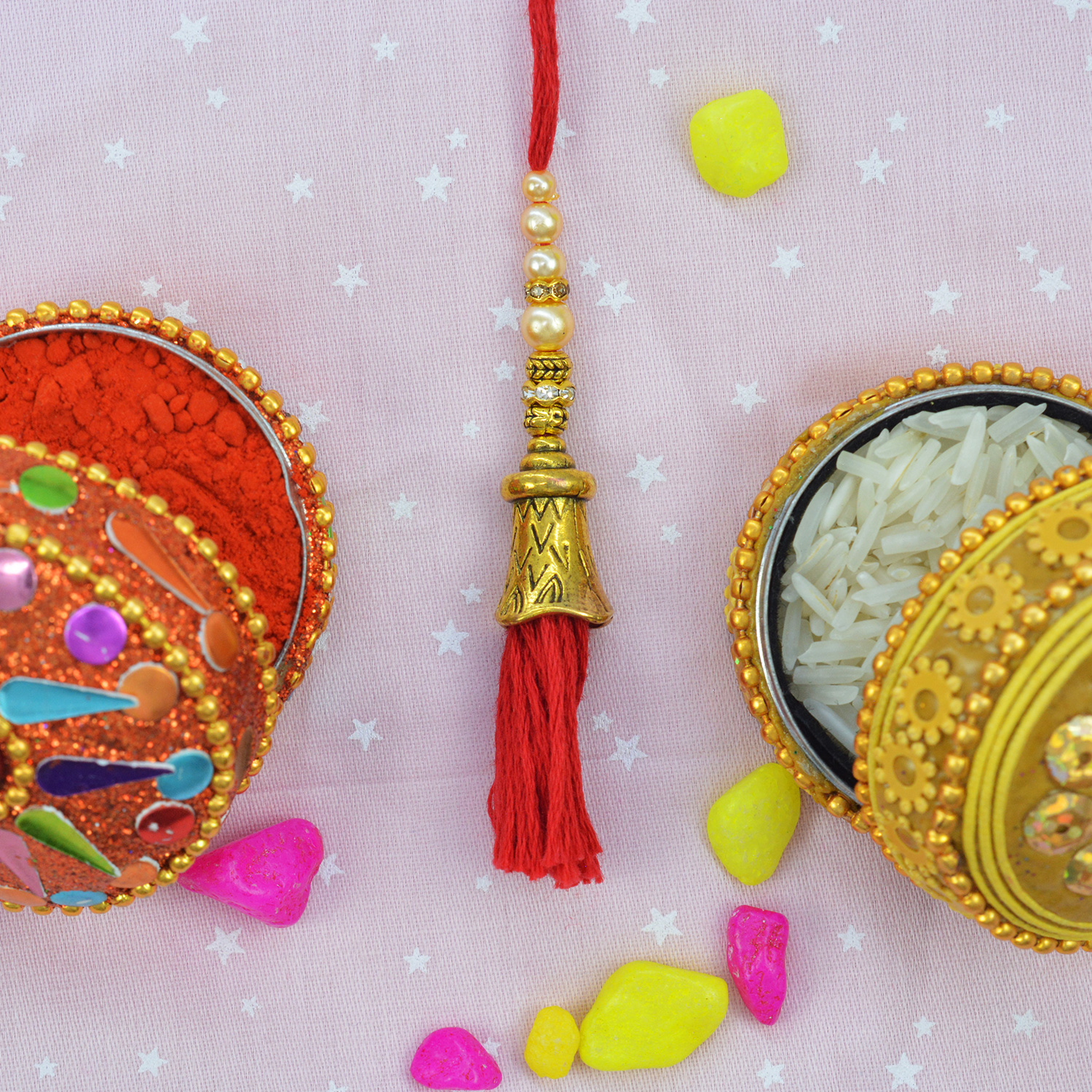 Red Colored Thread Golden Beads Designer Lumba Rakhi
