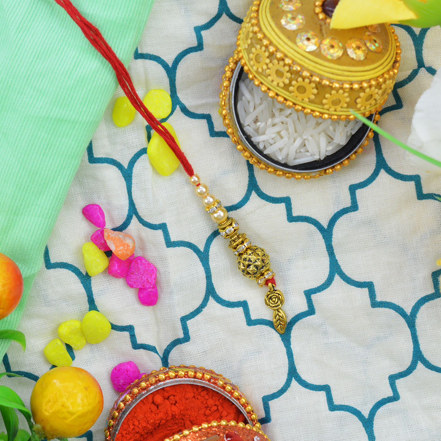 Leaf in End Golden Designer Beads Attractive Looking Lumba Rakhi