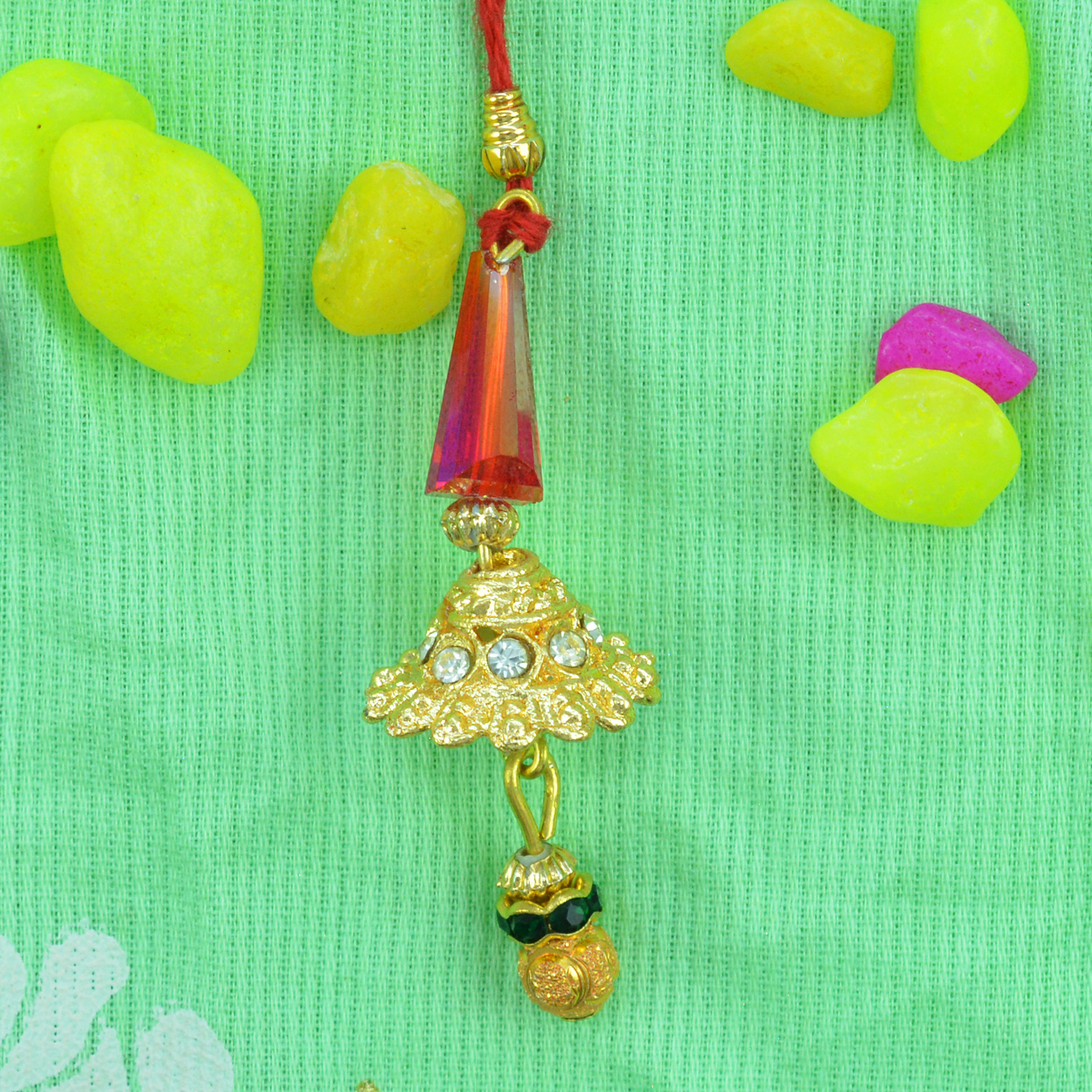 Golden Jewel Studded Jhumka Stunning Awesome Lumba Rakhi