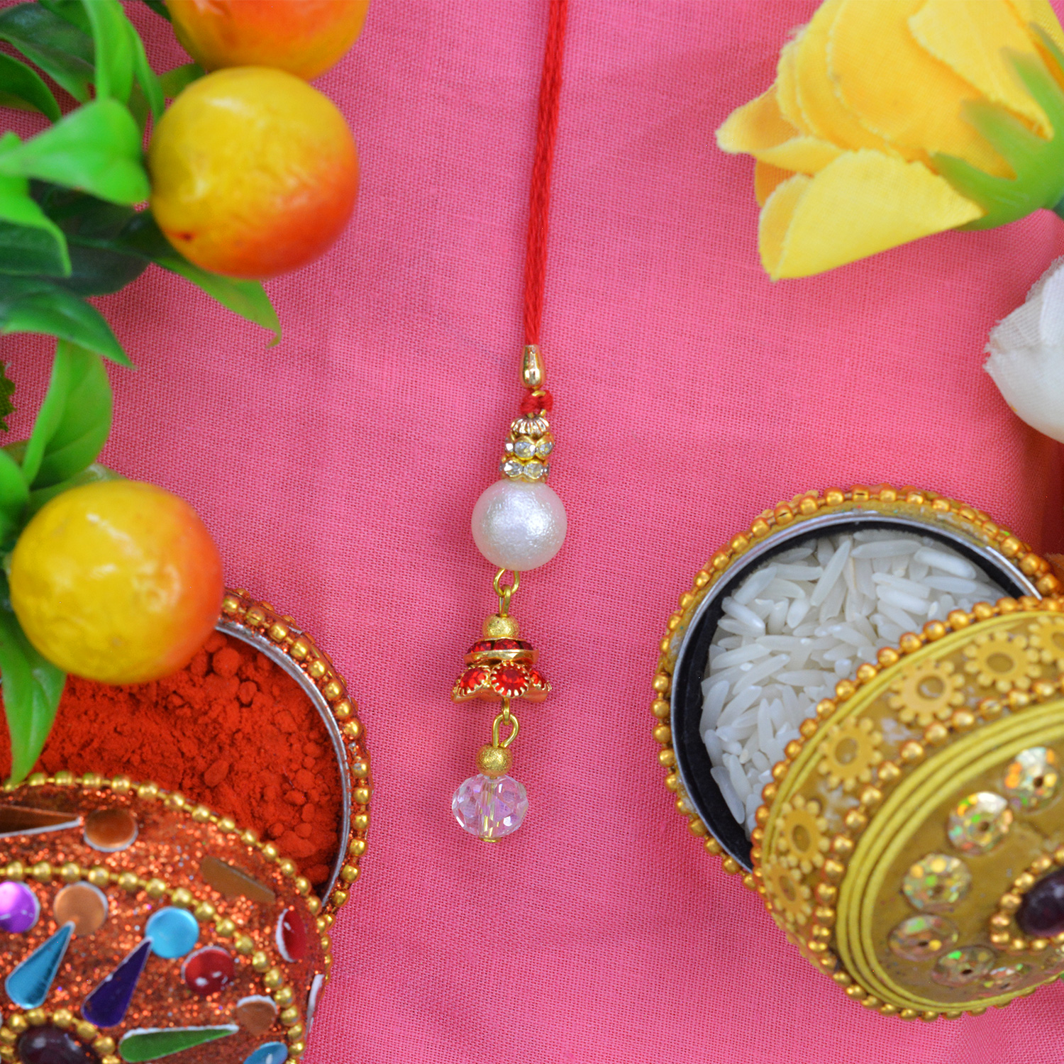 White Shining Colored Beads with Red and White Jewel Lumba Rakhi 