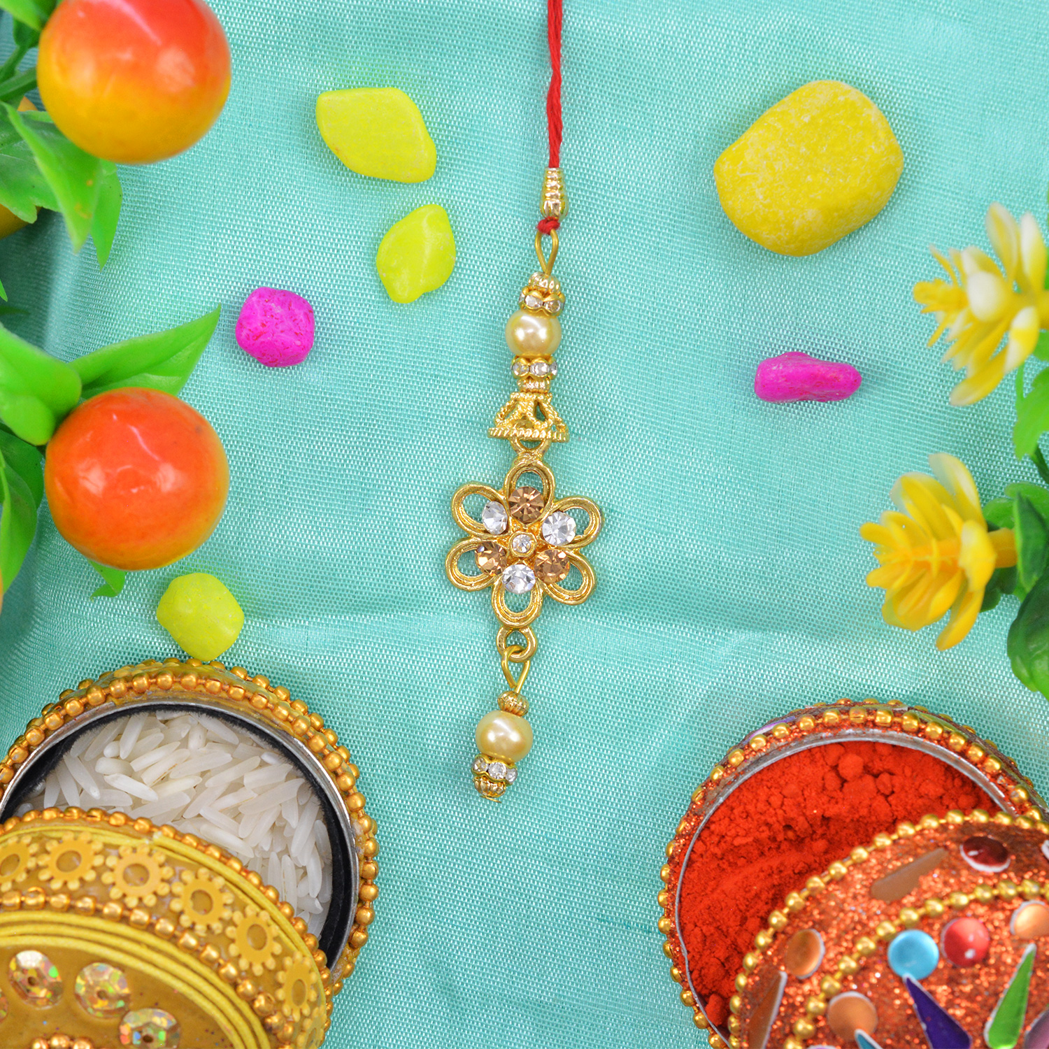 Jewels on Flower in Mid Amazingly Design New Lumba Rakhi