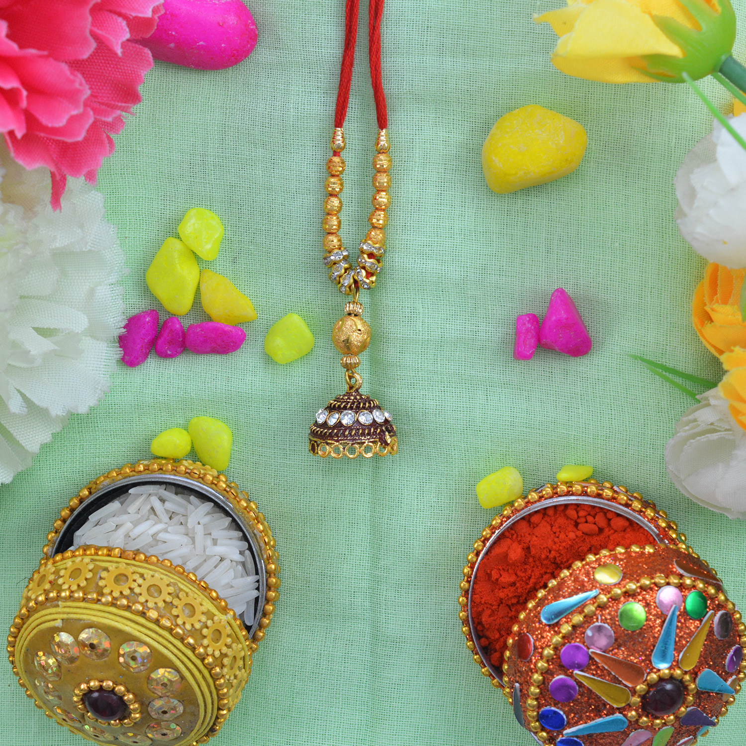 Meena Heavy Work Multi Threaded Golden and Brown Color Lumba Rakhi
