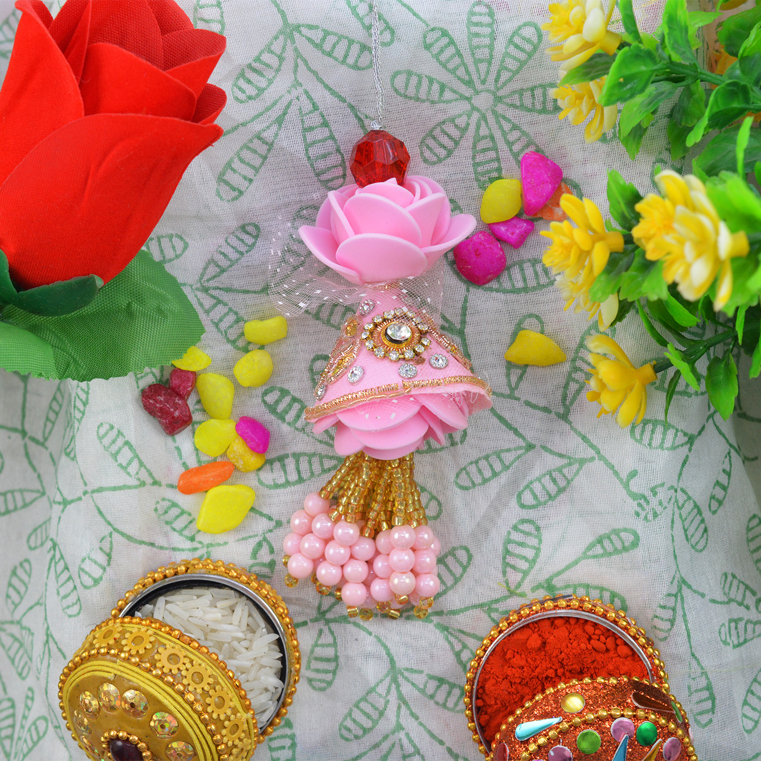 Awesome Pink Colored Beads and Lotus Flower Lumba Rakhi for Bhabhi