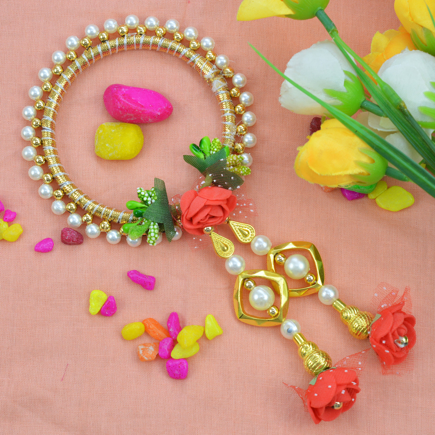 Round Shape Lumba Rakhi with Studded Beads and Hanging Flowers