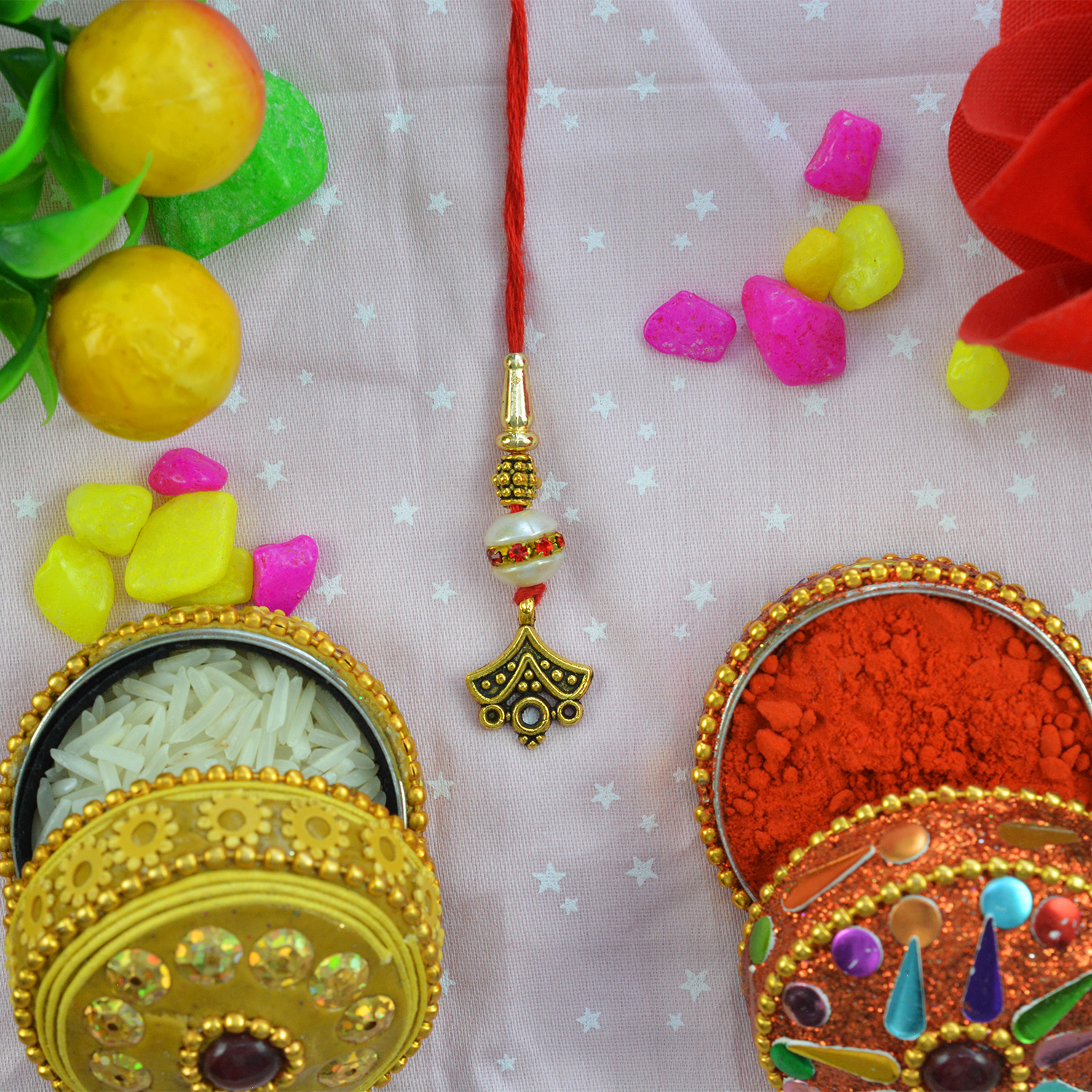 Round Shape Jewels Studded on Bead Small Lumba Rakhi