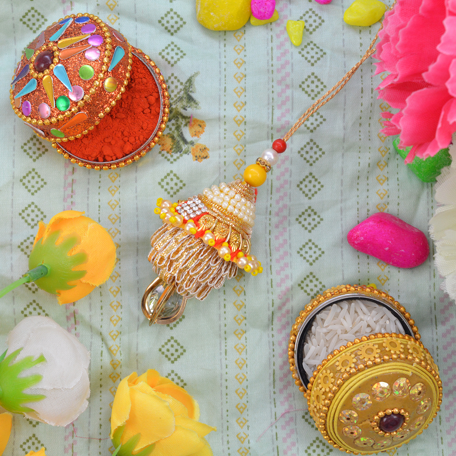 Hanging Transparent Bead Glorious Looking Golden Lumba Rakhi