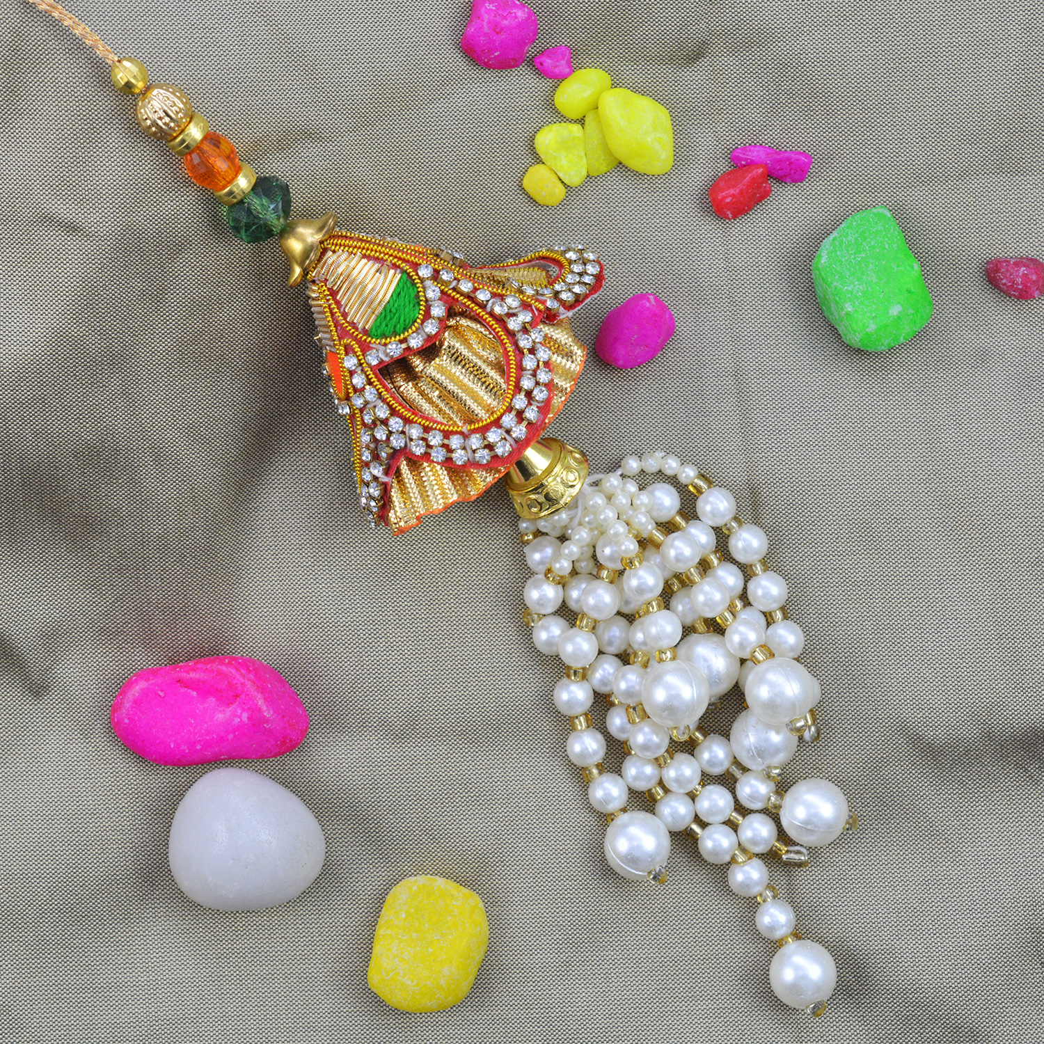 Beads Bunches Hanging On Golden Cotton Lumba Rakhi for Bhabhi