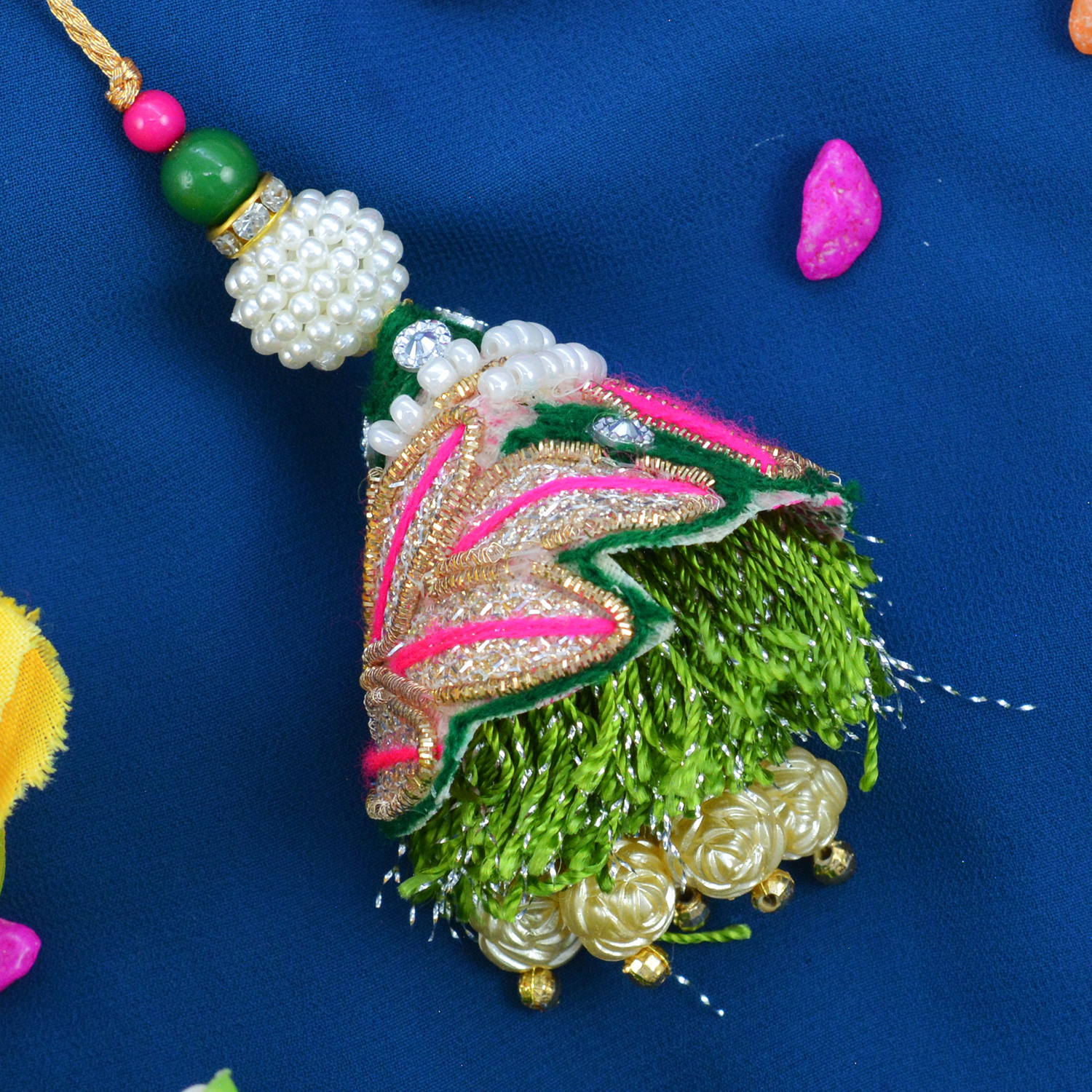 Pink Design Cotton Work Soft Green Threads Lumba Bhabhi Rakhi