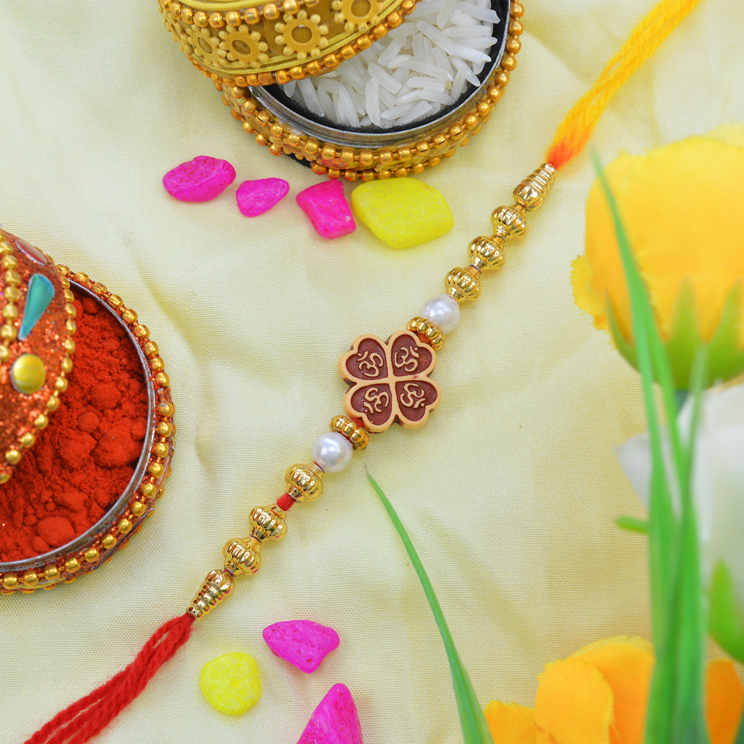 Antique Flower Design in Amazing Four OM with Graceful Red and Golden Beads