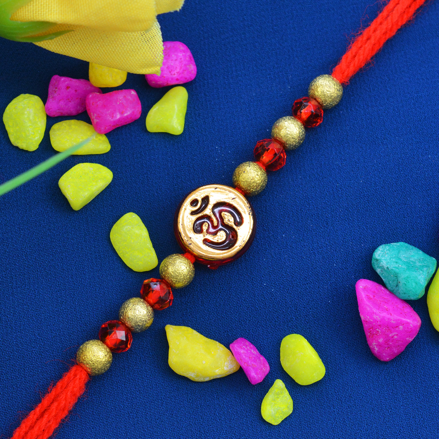 Beautiful and Miraculous Rounded Golden OM Moli-Dori Rakhi wtih Graceful Beads