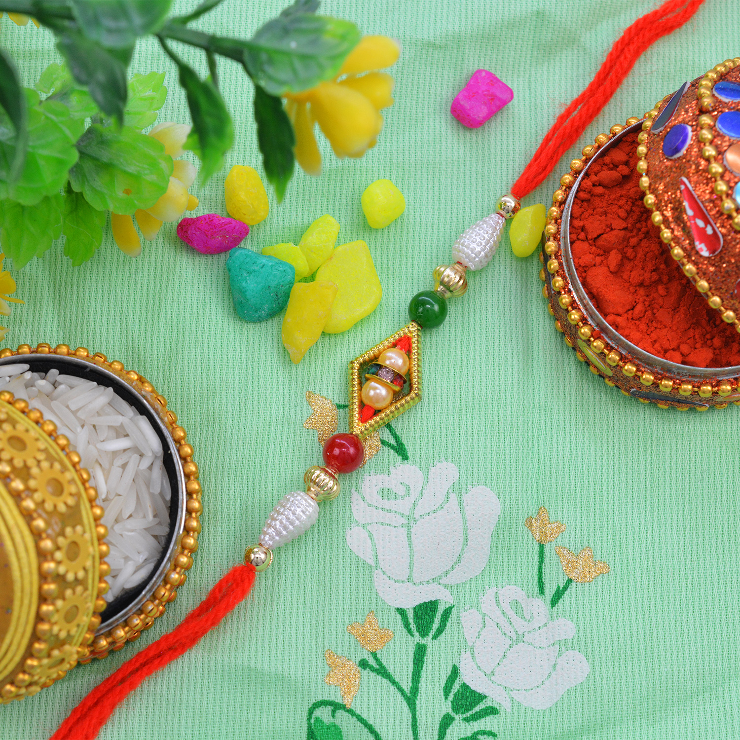 Amazing Rich Look Pearls in Rhombus Moli-Dori Rakhi with Colorful Beads