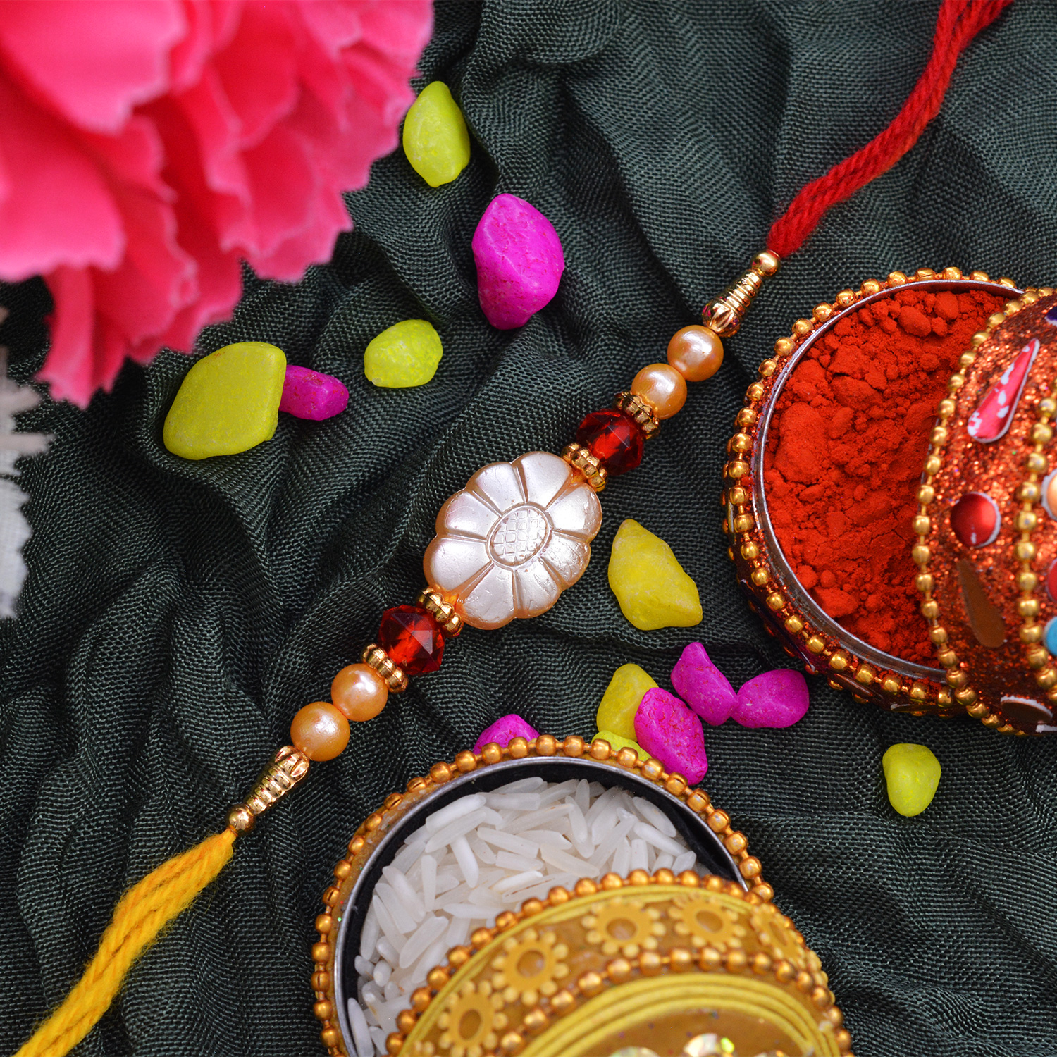 Beautiful Shining Ellipse Colorful Moli Rakhi with Antique Beads