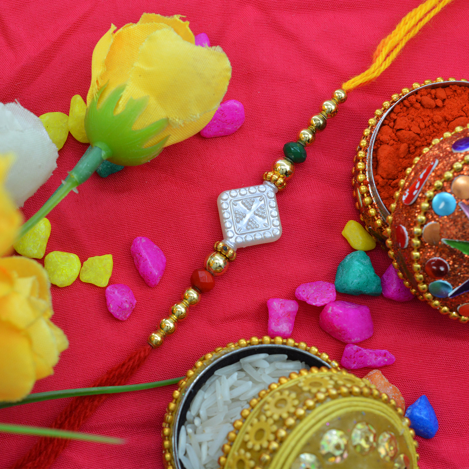 Alluring Beads Moli Rakhi with Red and Yellow Silk Thread