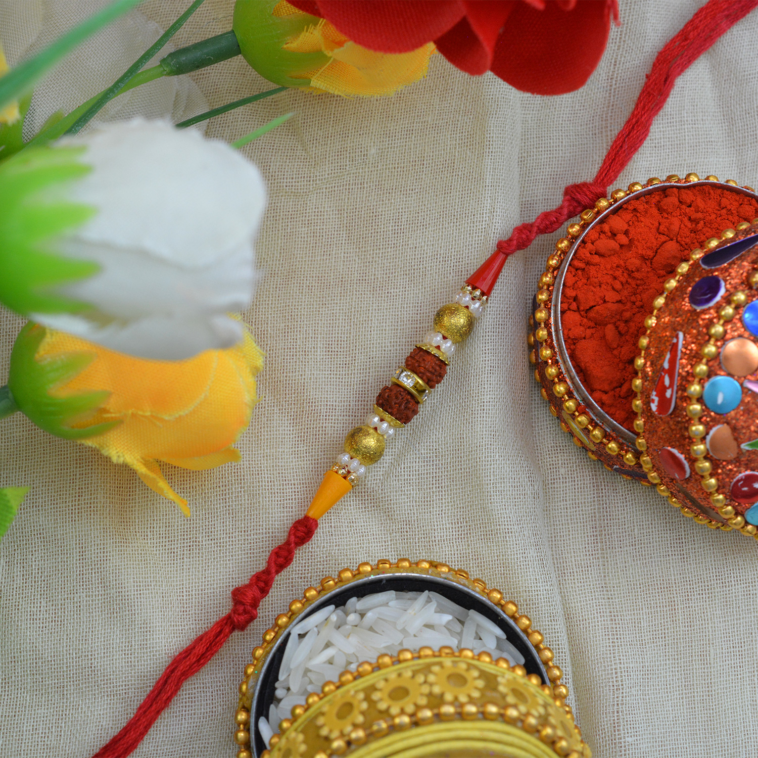 Fascinating Antique Two Rudraksha Moli Rakhi and Alluring Multicolor Beads