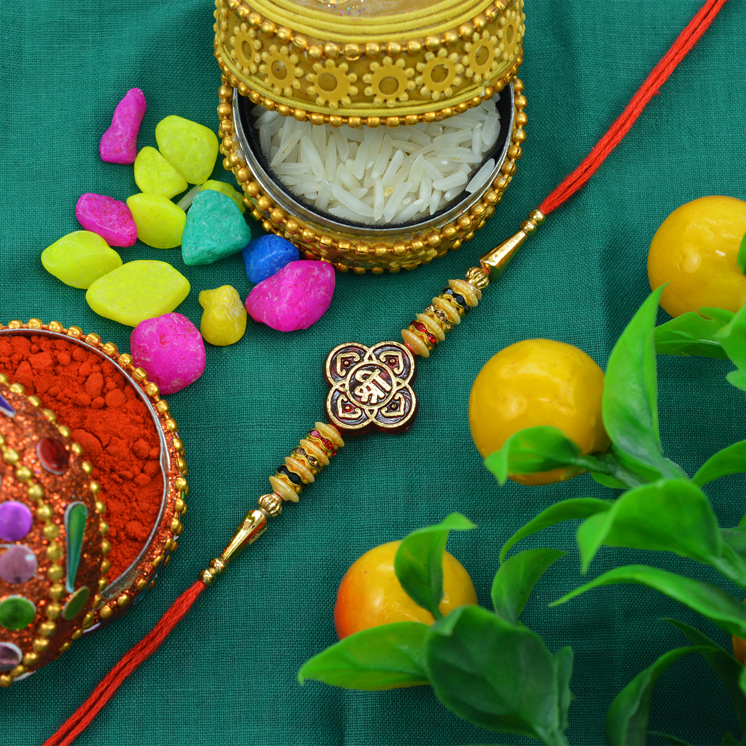 Fascinating Golden Shree Moli Rakhi with Amazing Multicolor Diamonds