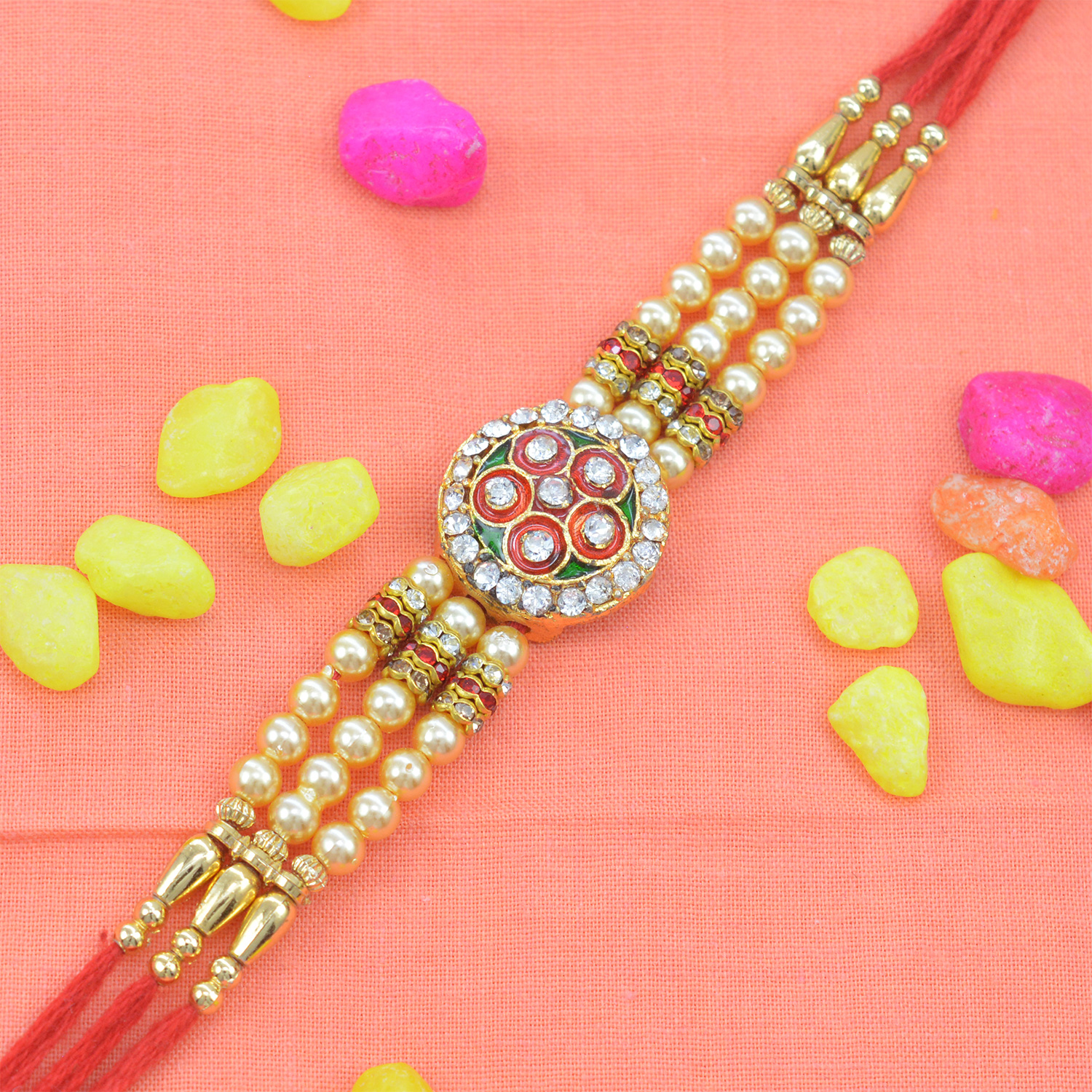 Attractive Diamonds and Golden Pearls in Red Silk Thread