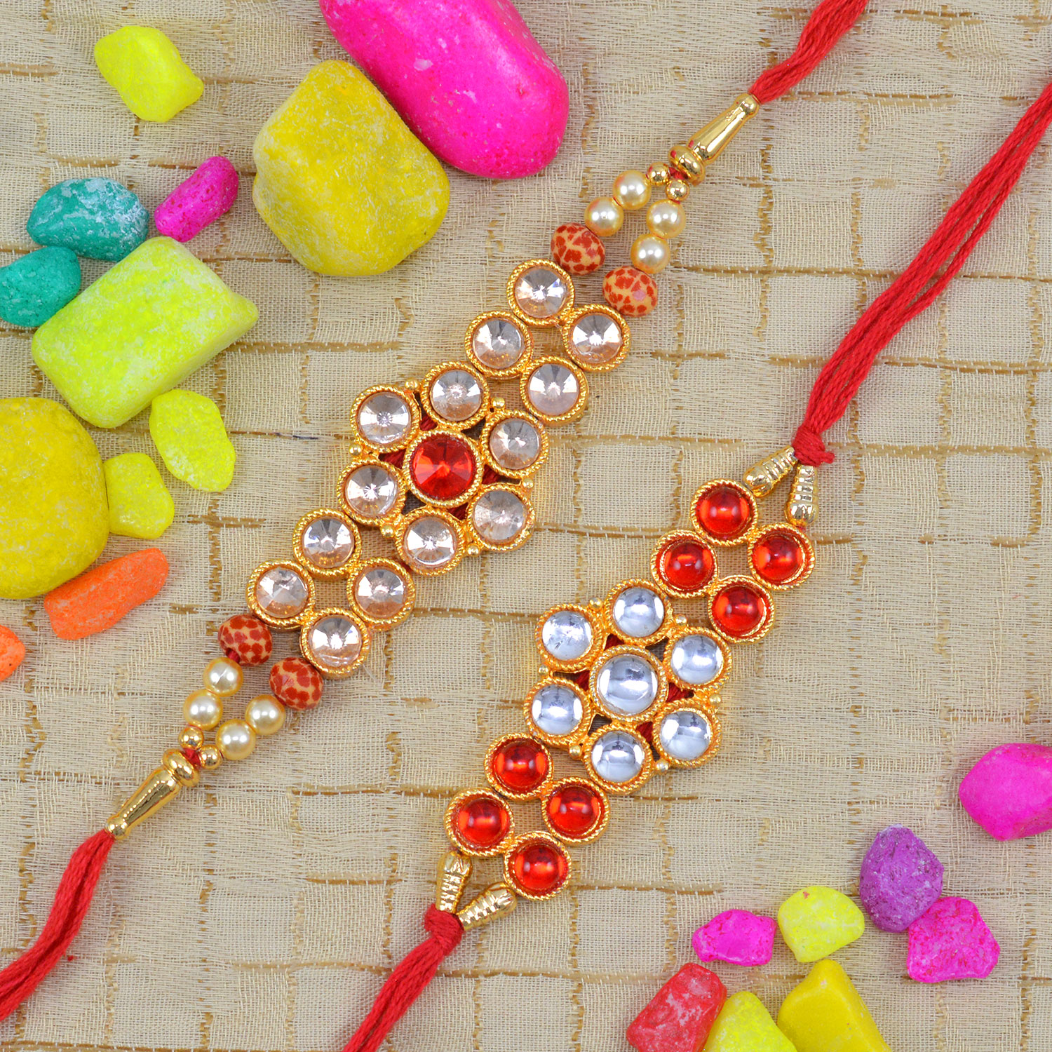 Jewel Studded Multi Color Jewel Amazing Looking Set of 2 Rakhis for Brother
