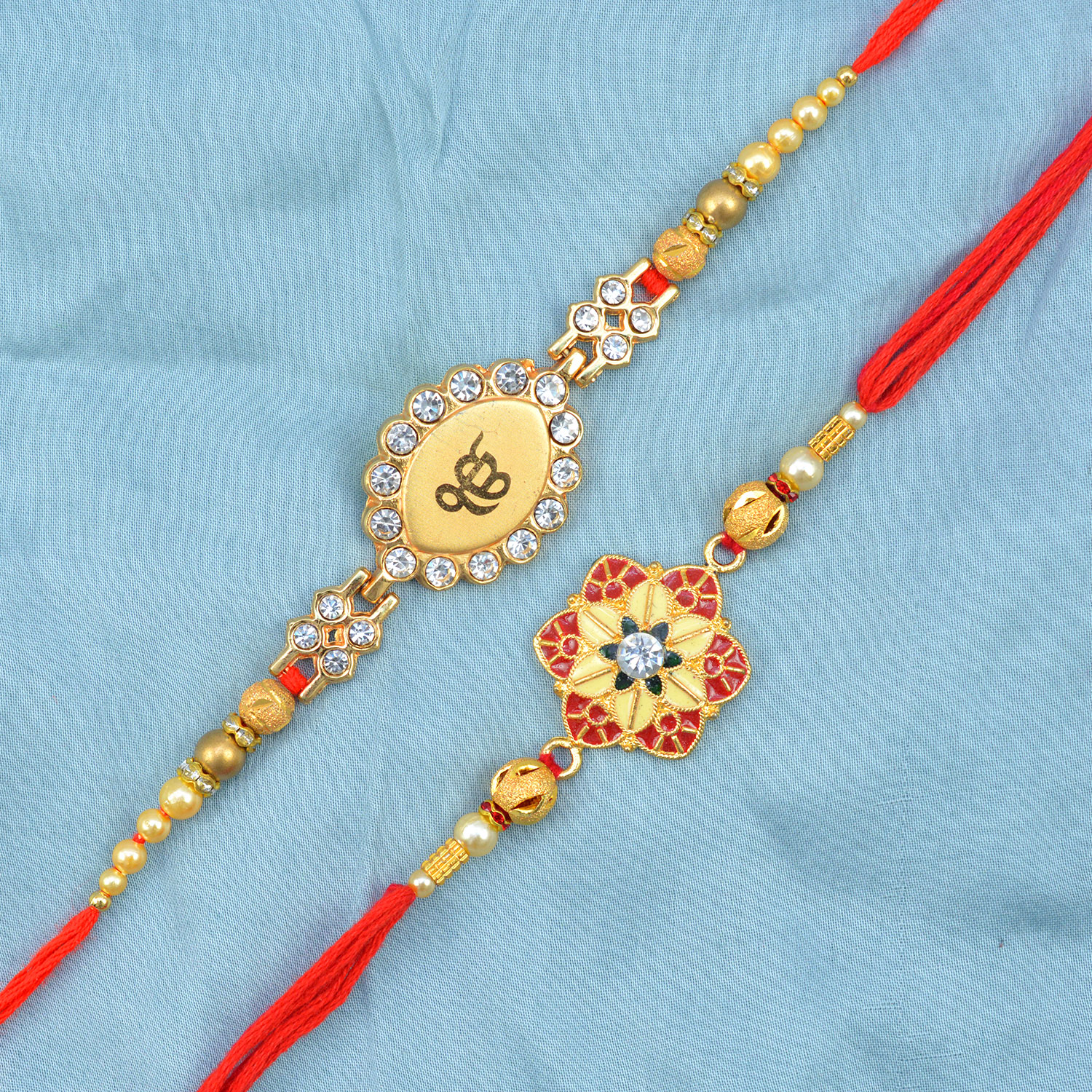 Golden Color Sikh Rakhi with Flower Shape Rakhi Set of 2