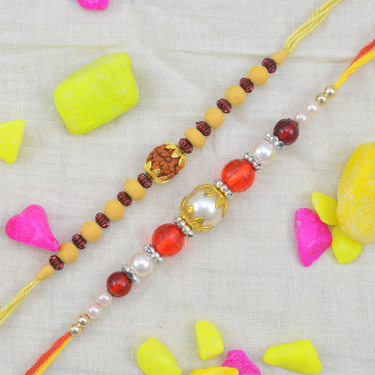 Rudraksha and Silver Beaded in Mid amazing Handcrafted Rakhi Set for Two Brothers